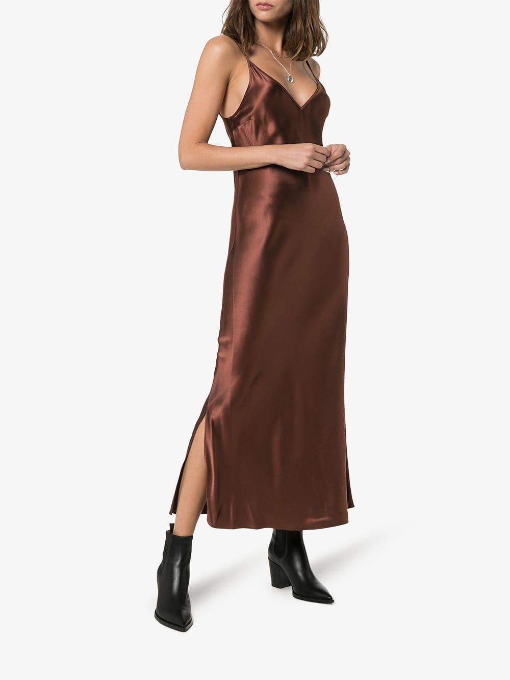 JOSEPH Clea Silk Slip Midi Dress in Brown | Lyst