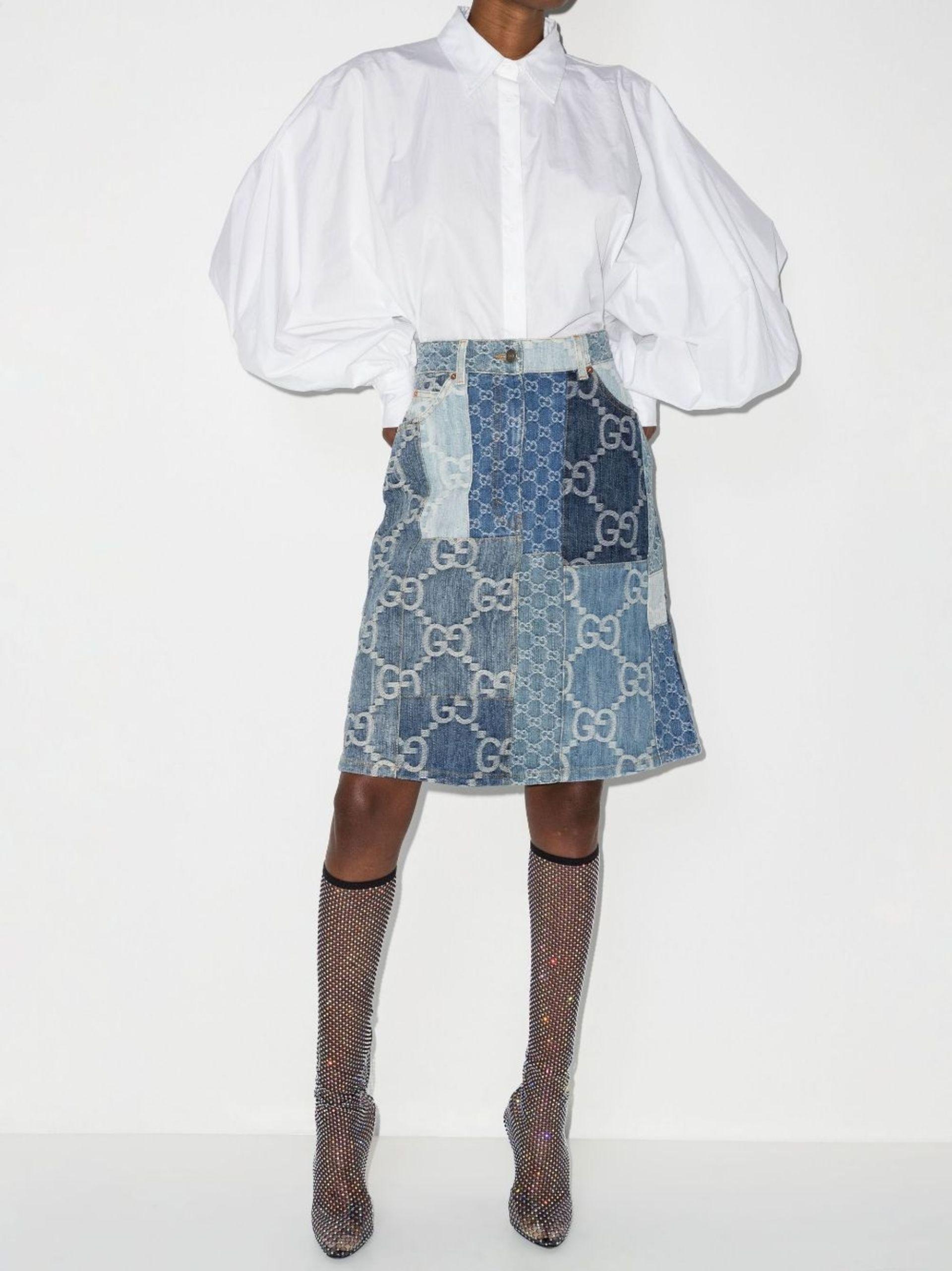 Gucci Patchwork gg Denim Knee-length Skirt in Blue | Lyst