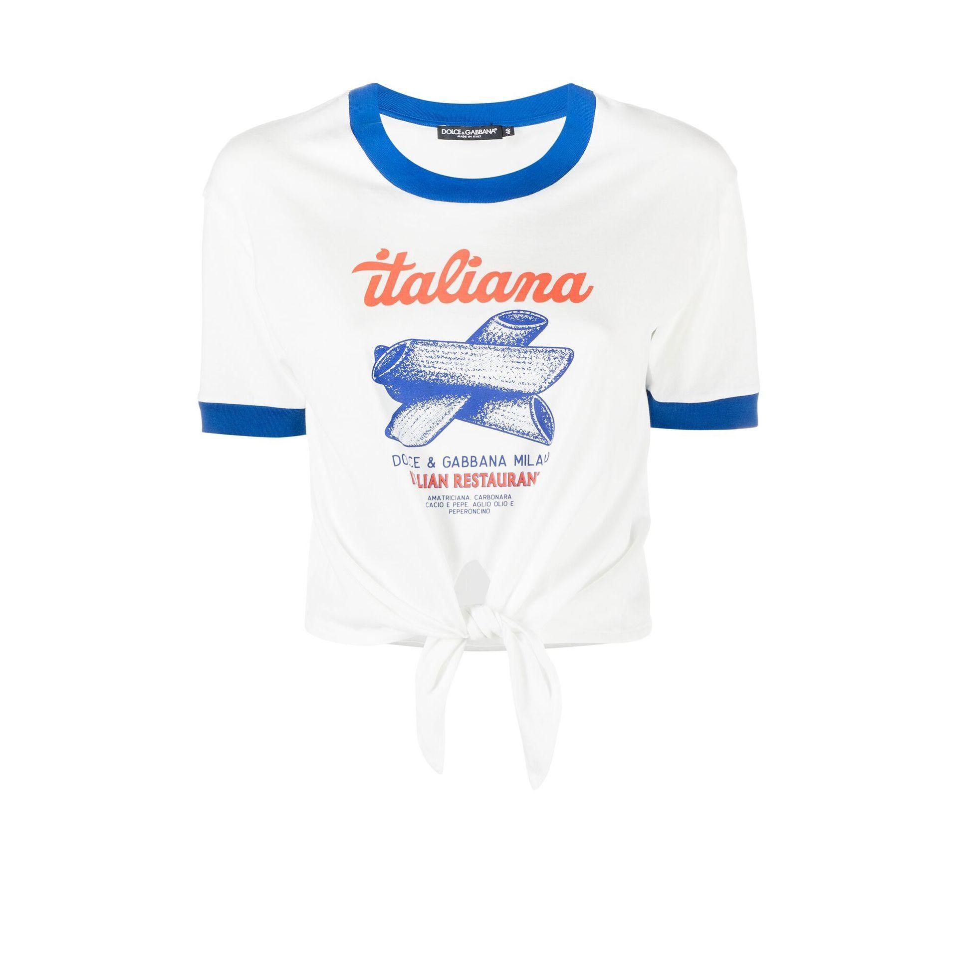Dolce & Gabbana Blue Printed Cotton Cropped Crew Neck T-shirt