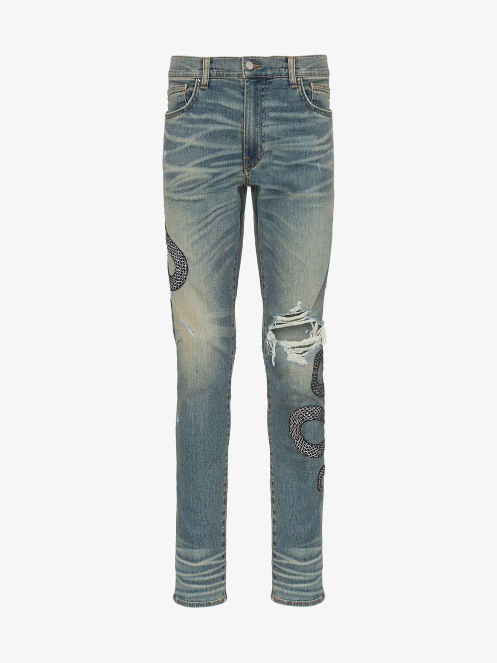 Amiri Denim Snake Embroidered Distressed Jeans in Blue for Men - Lyst