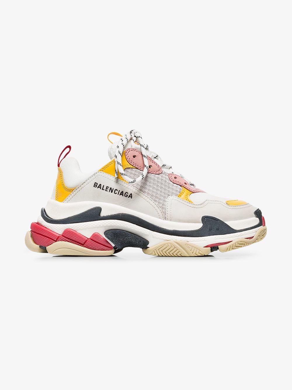 balenciaga white pink and yellow triple s leather sneakers