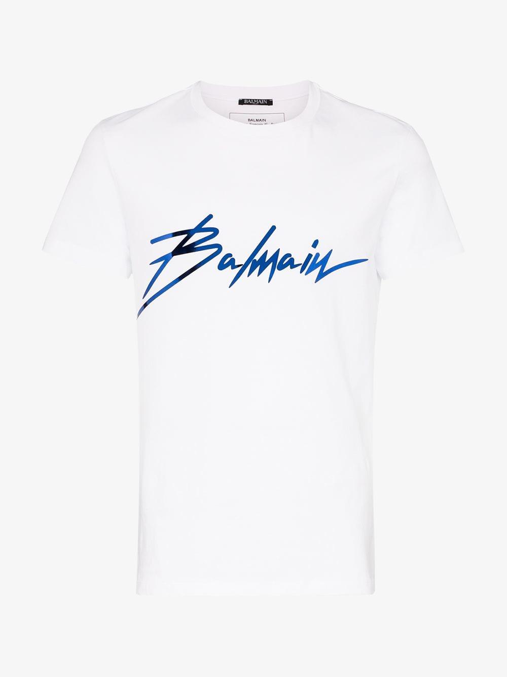 Balmain Metallic Script Logo Cotton T-shirt in White for Men | Lyst