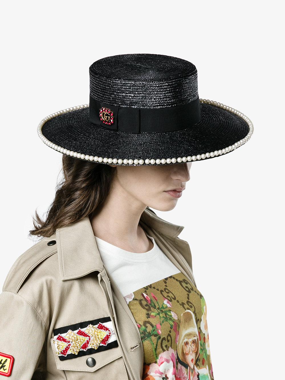 Gucci Synthetic Black Pearl Embellished Straw Hat - Lyst