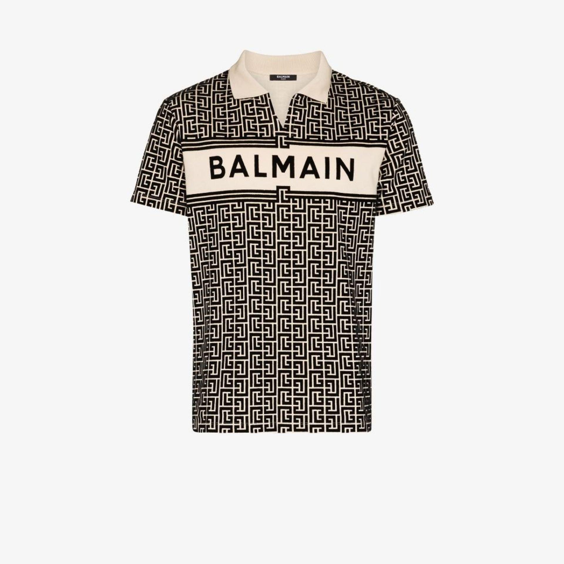 Balmain Flocked Monogram Polo Shirt in Black for Men