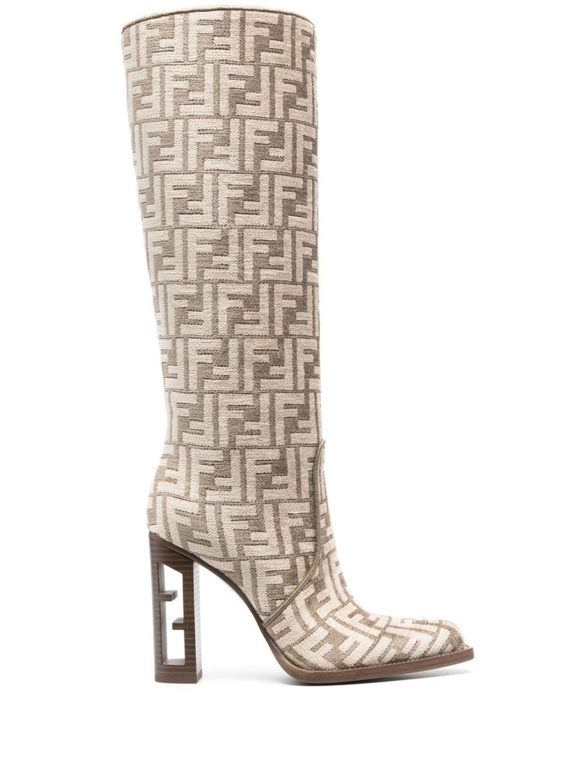 Fendi Cut Ff Chenille Knee-high Boot in Natural | Lyst