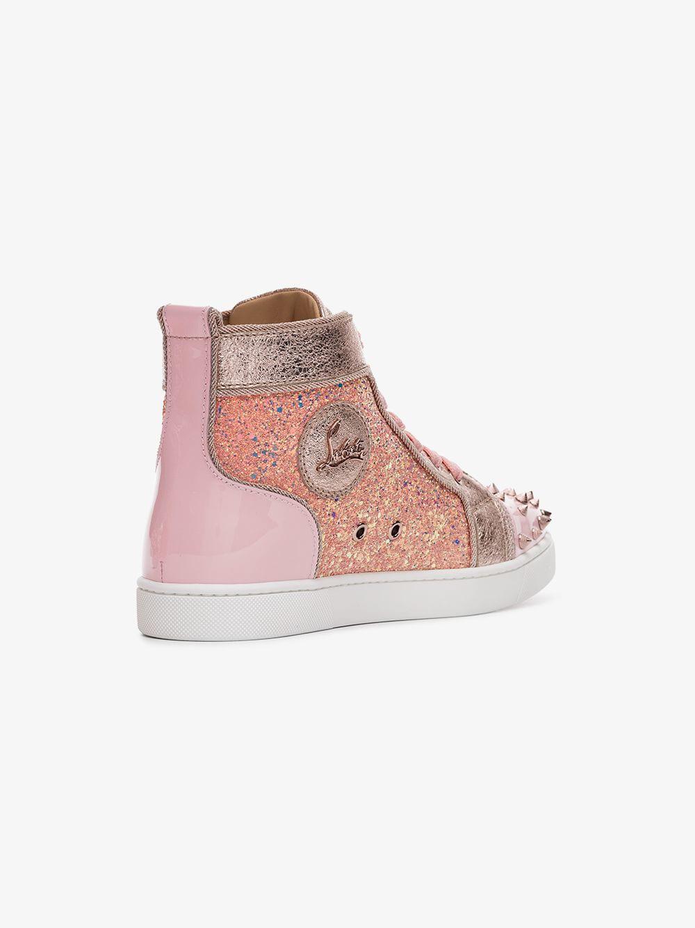 CHRISTIAN LOUBOUTIN Lou Degra Spikes Flat Glitter Pink Sneakers Size 37.5  US 7.5