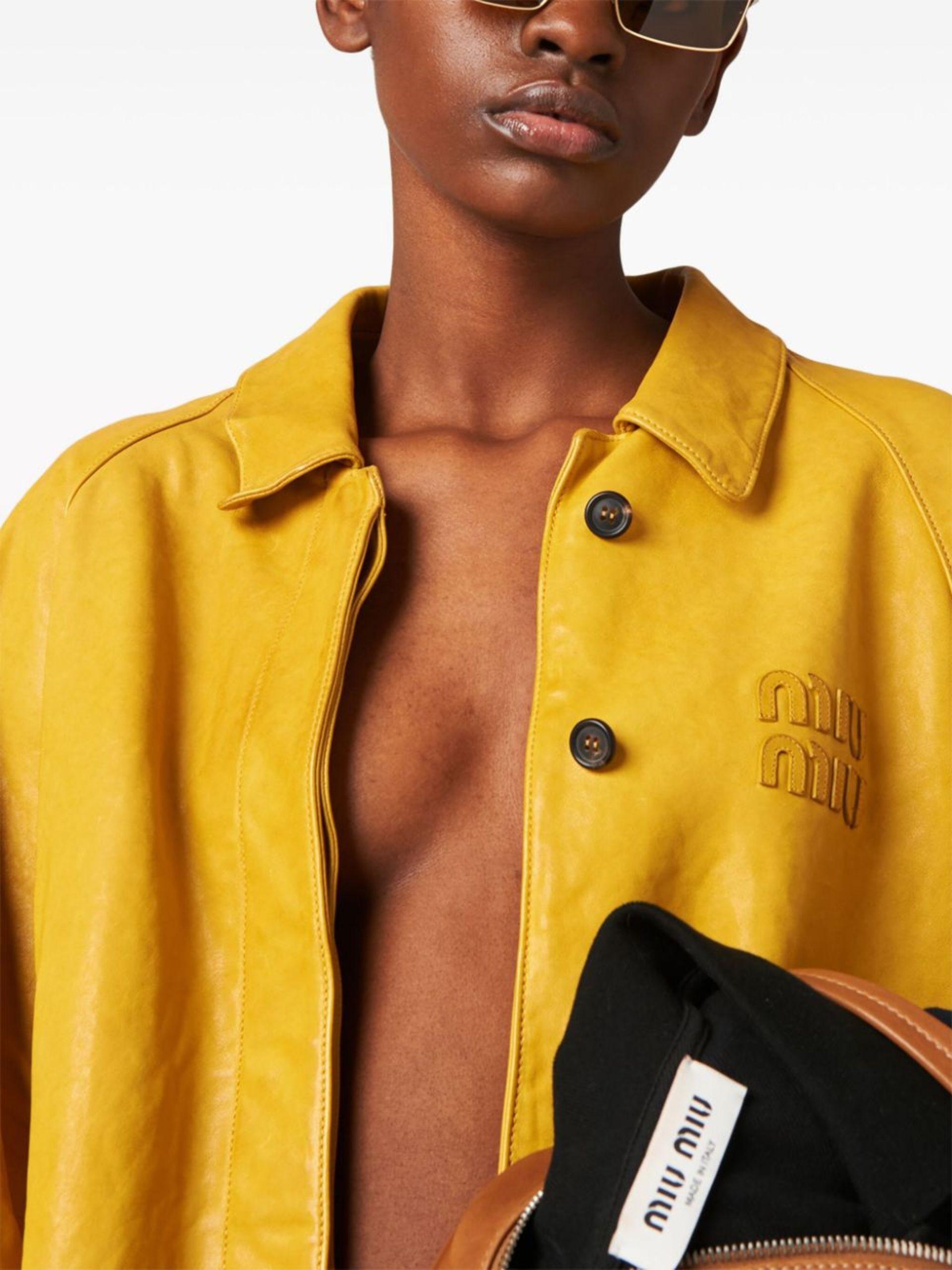 Miu Miu Logo-Appliqué Leather Jacket in Yellow | Lyst