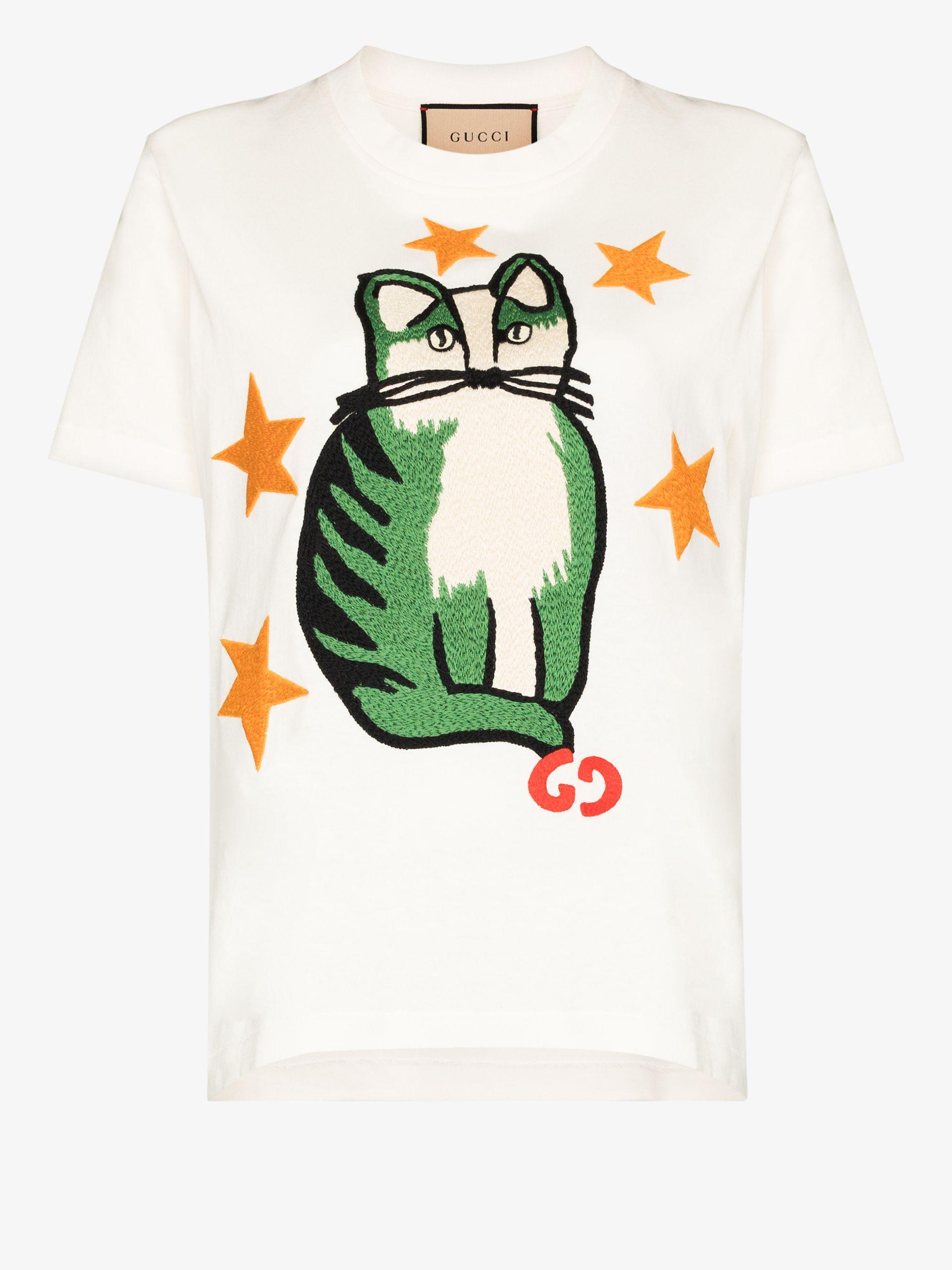 Gucci Star Cat Embroidered T-shirt in White | Lyst
