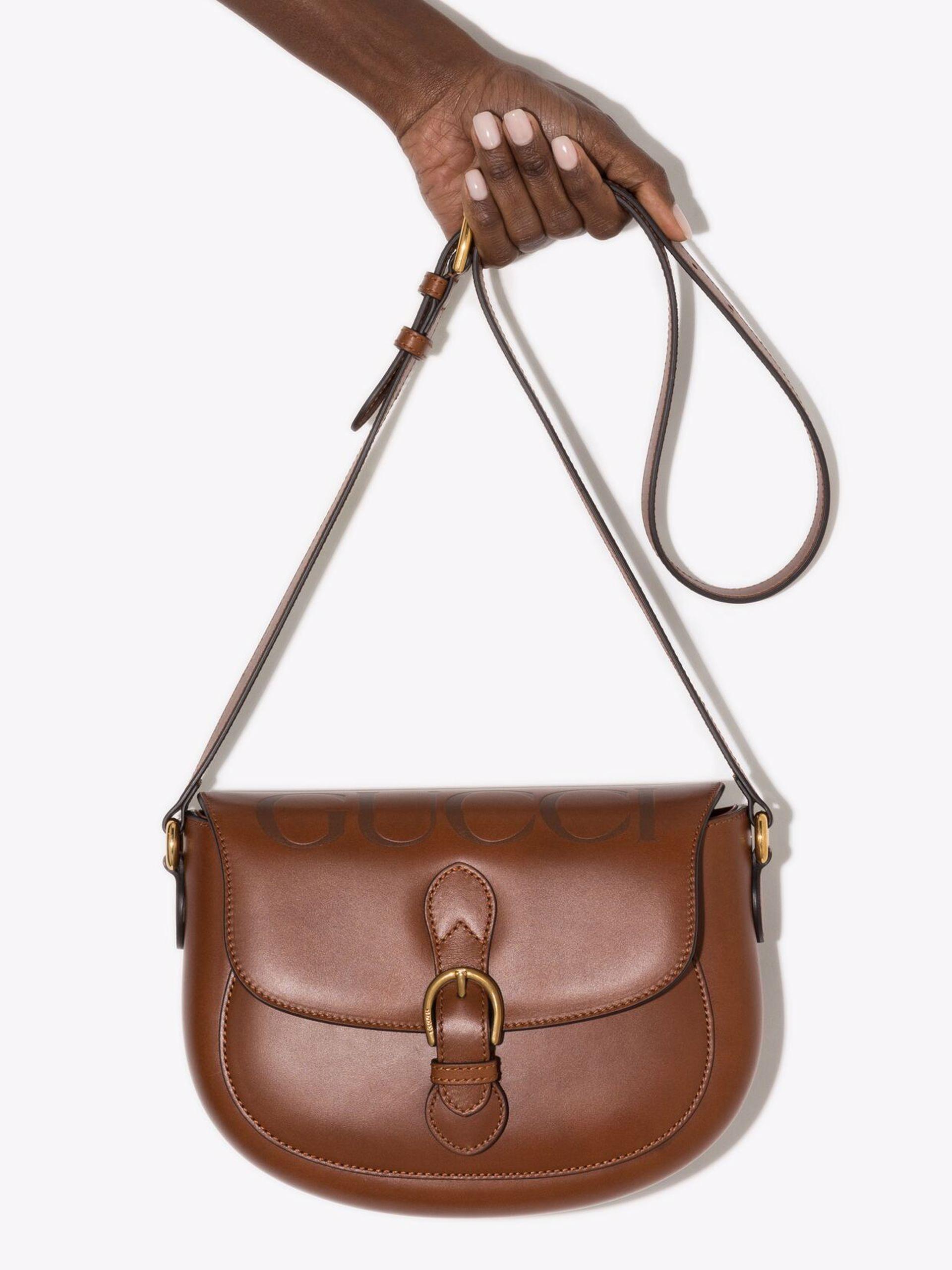 Gucci Logo Embossed Leather Shoulder Bag in Brown