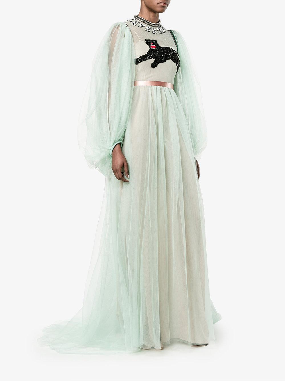 Gucci Panther Embroidered Tulle Gown In Green Lyst