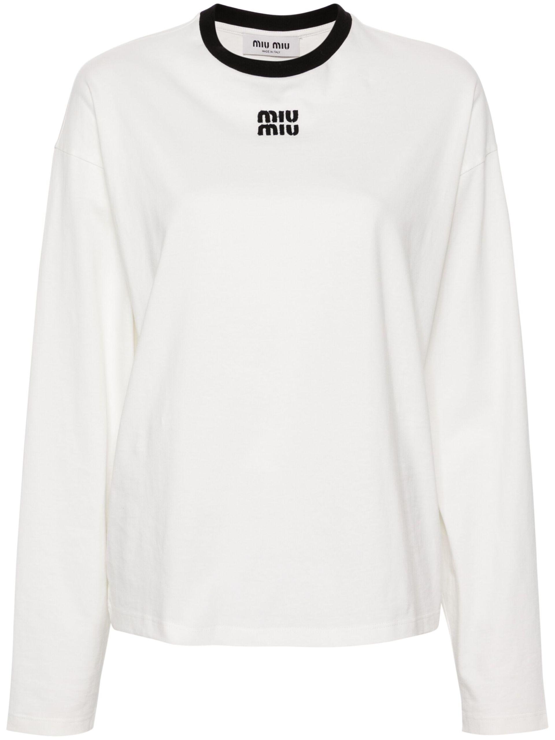 Miu Miu Logo Embroidered Cotton T-shirt in White | Lyst Miu Miu Logo Embroidered Cotton T-shirt in White | Lyst