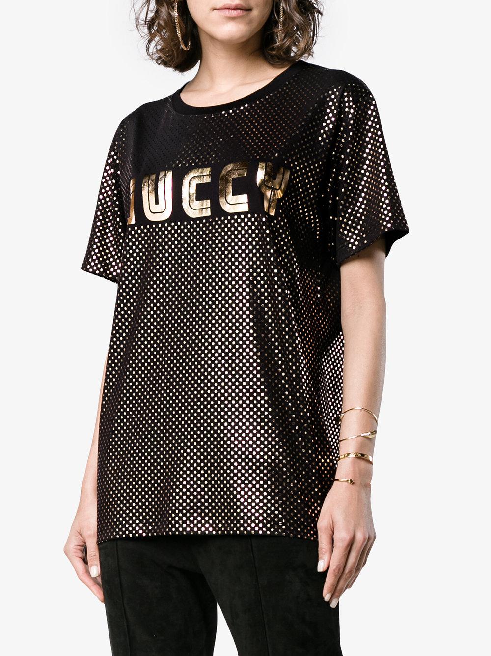 Gucci Cotton Gold Metallic Logo T-shirt in Black - Lyst