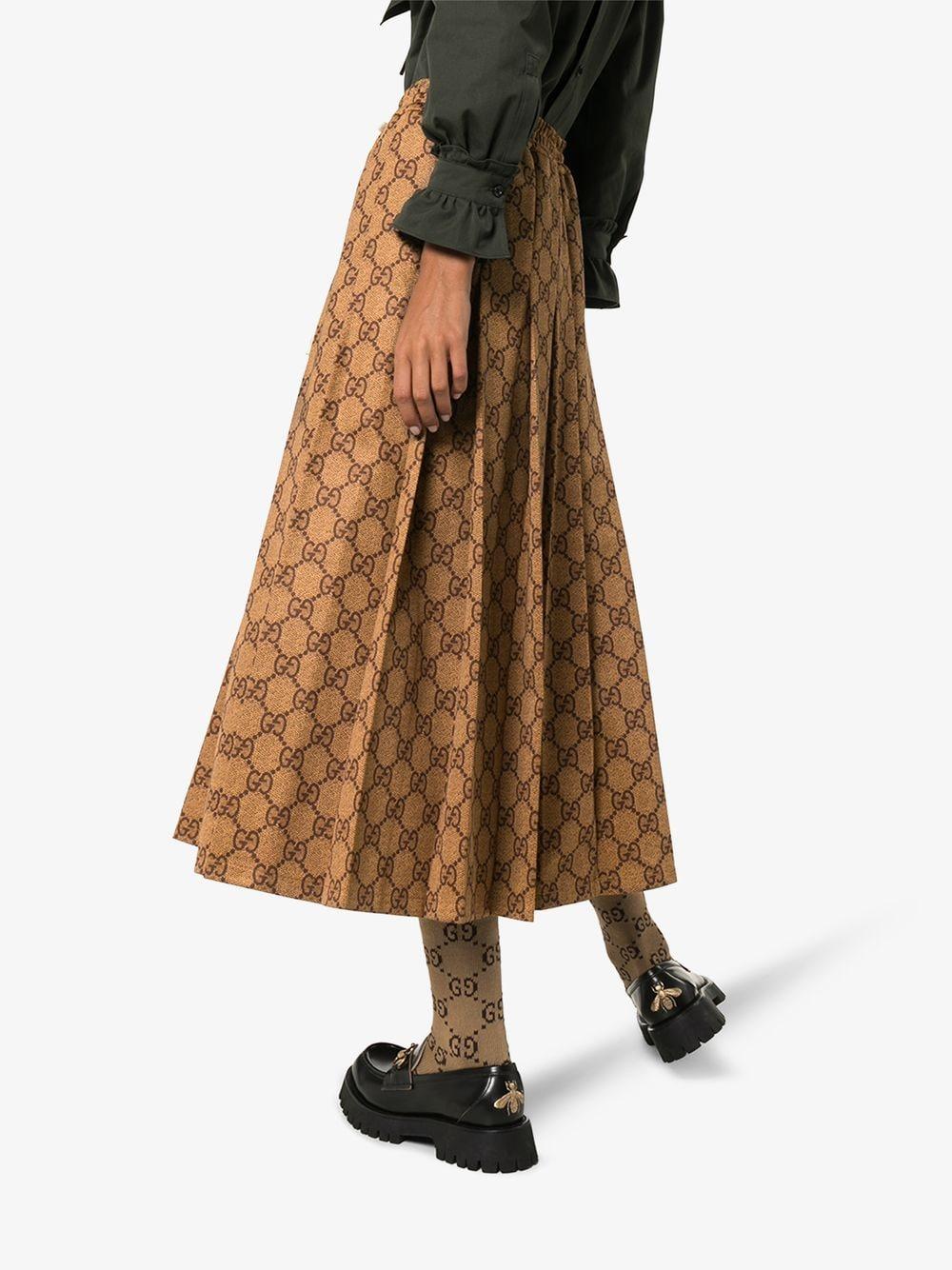 Gucci GG Logo Print Pleated Midi Skirt in Brown | Lyst