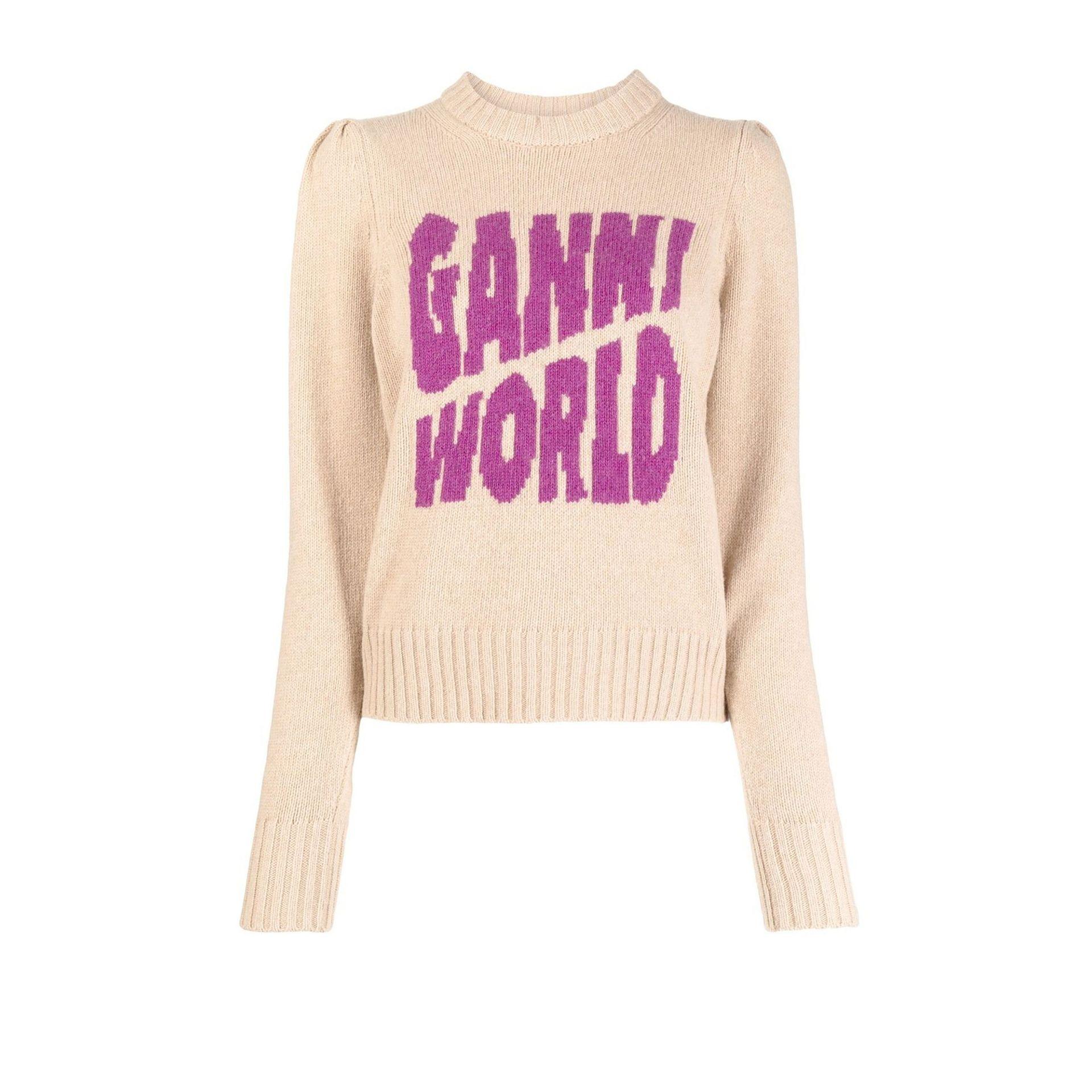 Ganni Synthetic Neutral Logo Intarsia Sweater in Brown (Pink) | Lyst