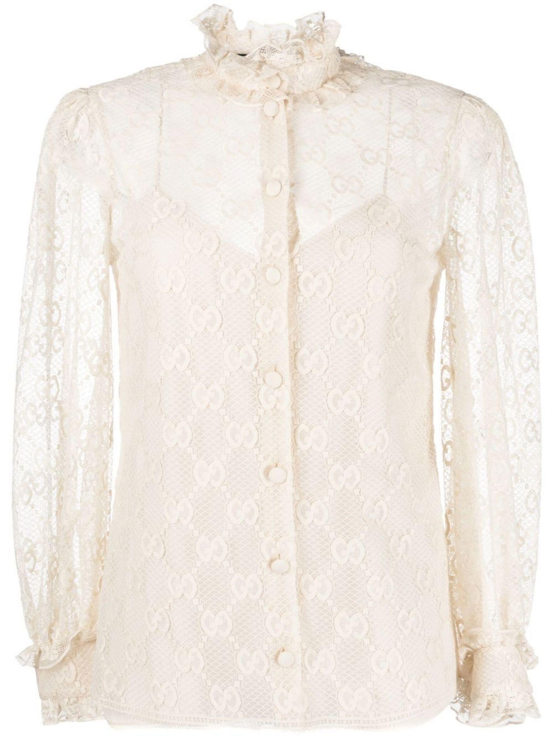 Gucci Frilled Monogram Lace Blouse in Natural | Lyst
