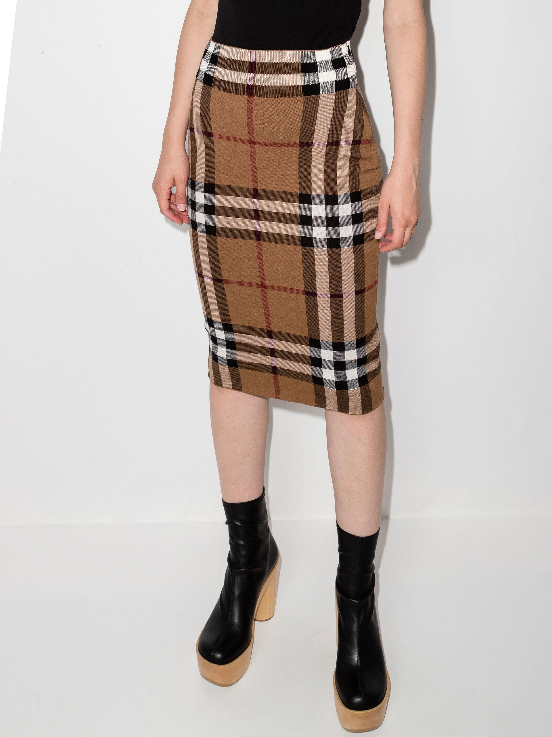 Burberry Kammie House Check Knitted Pencil Skirt in Brown | Lyst