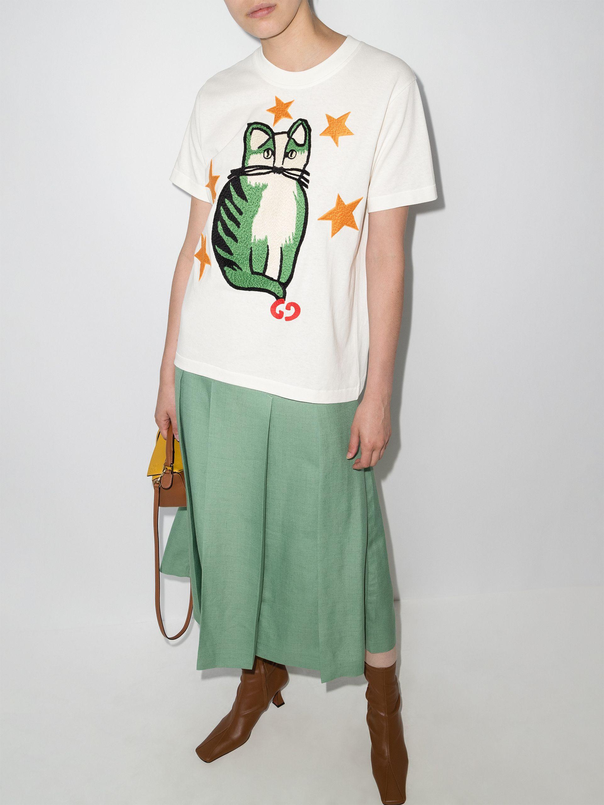 Gucci Star Cat Embroidered T-shirt in White | Lyst
