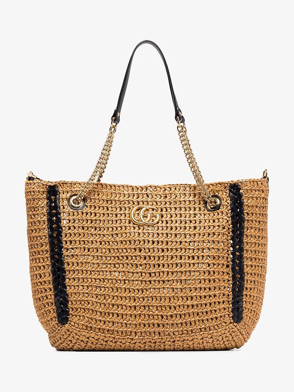 Gucci Large Raffia Marmont Tote Bag in Brown | Lyst