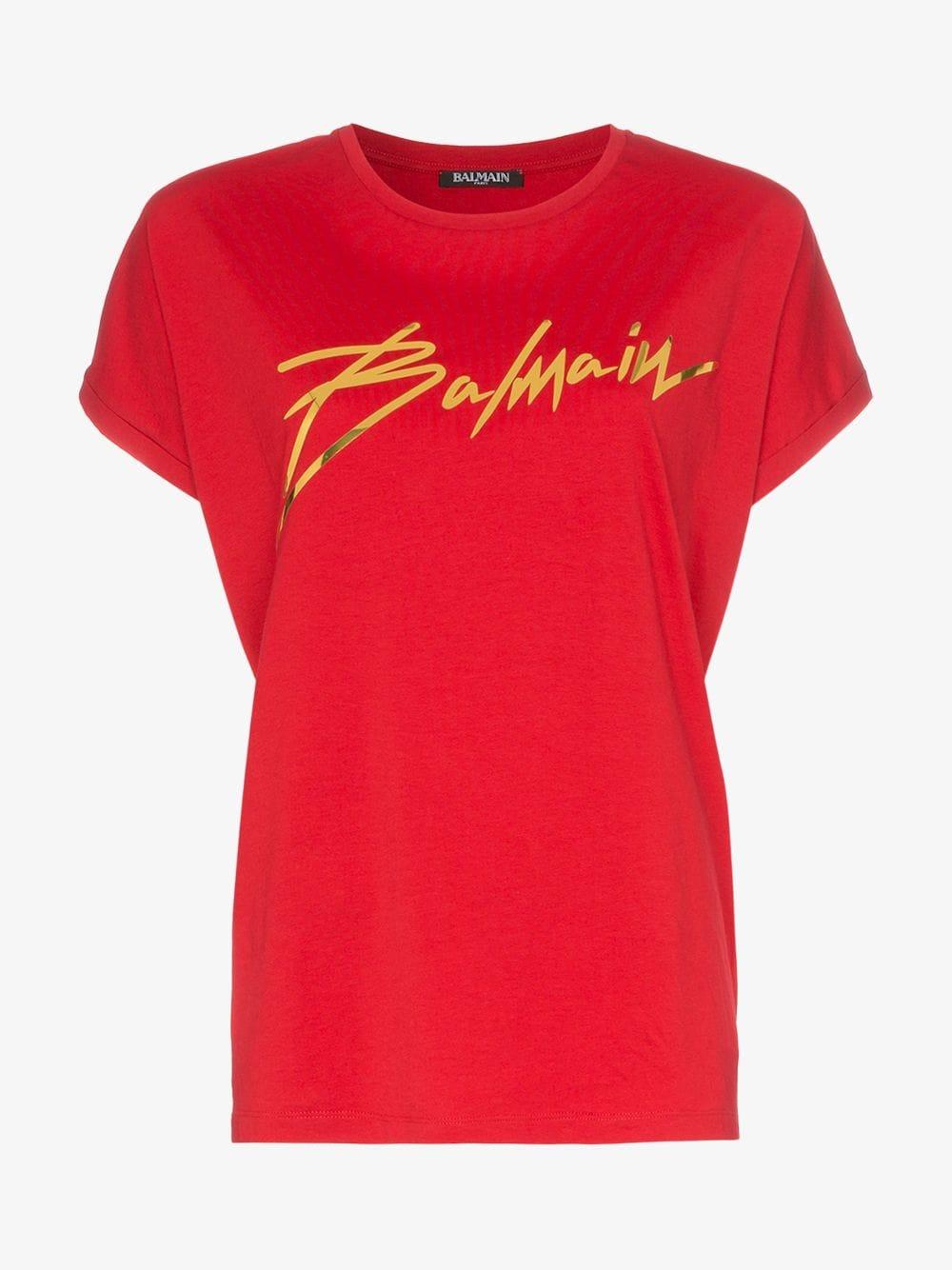 Balmain Foil Logo T-shirt in Red | Lyst