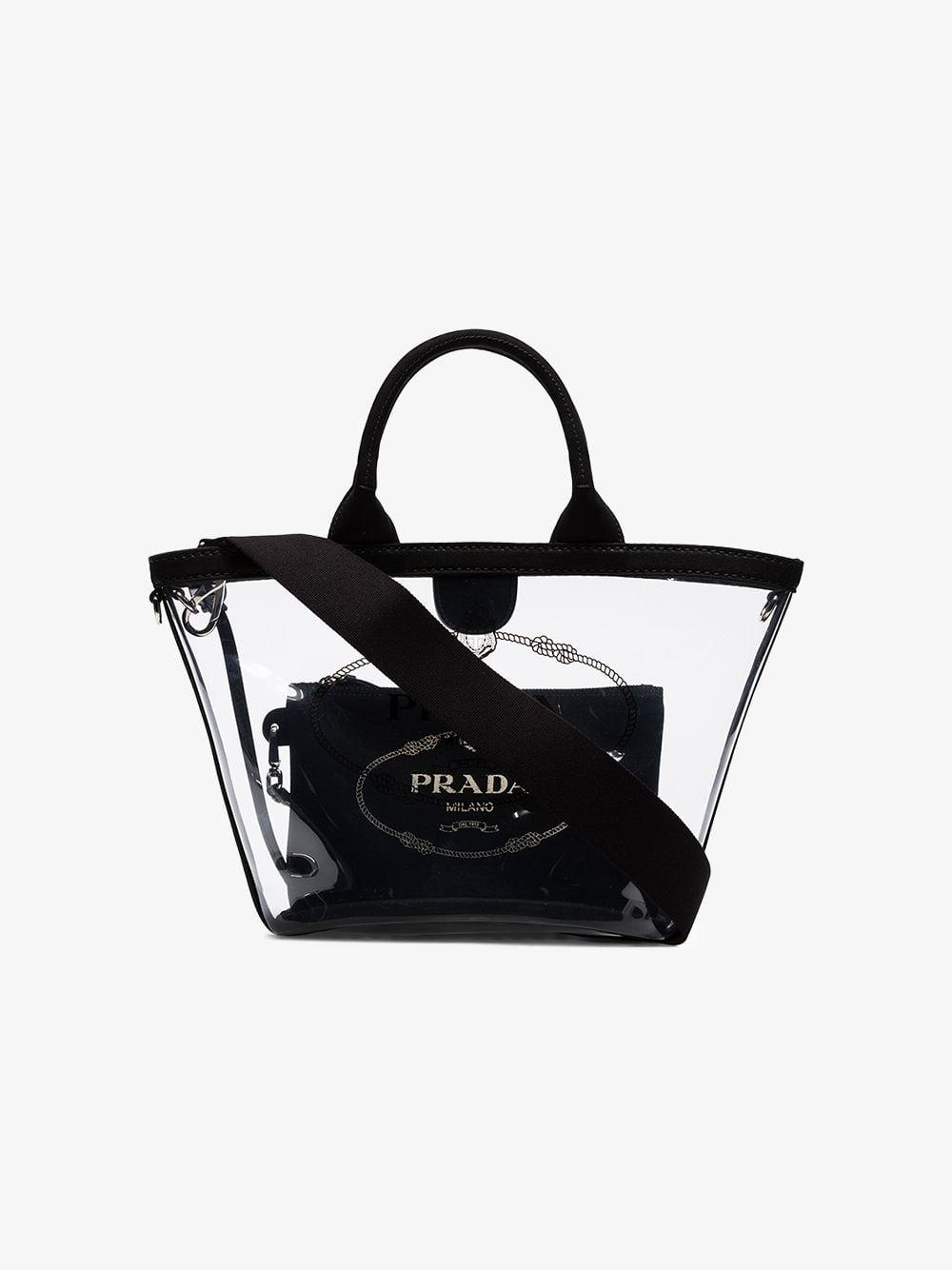 Auth PRADA Plex Fabric Handbag 1BG166 Clear Red Black Canvas Leather Handbag