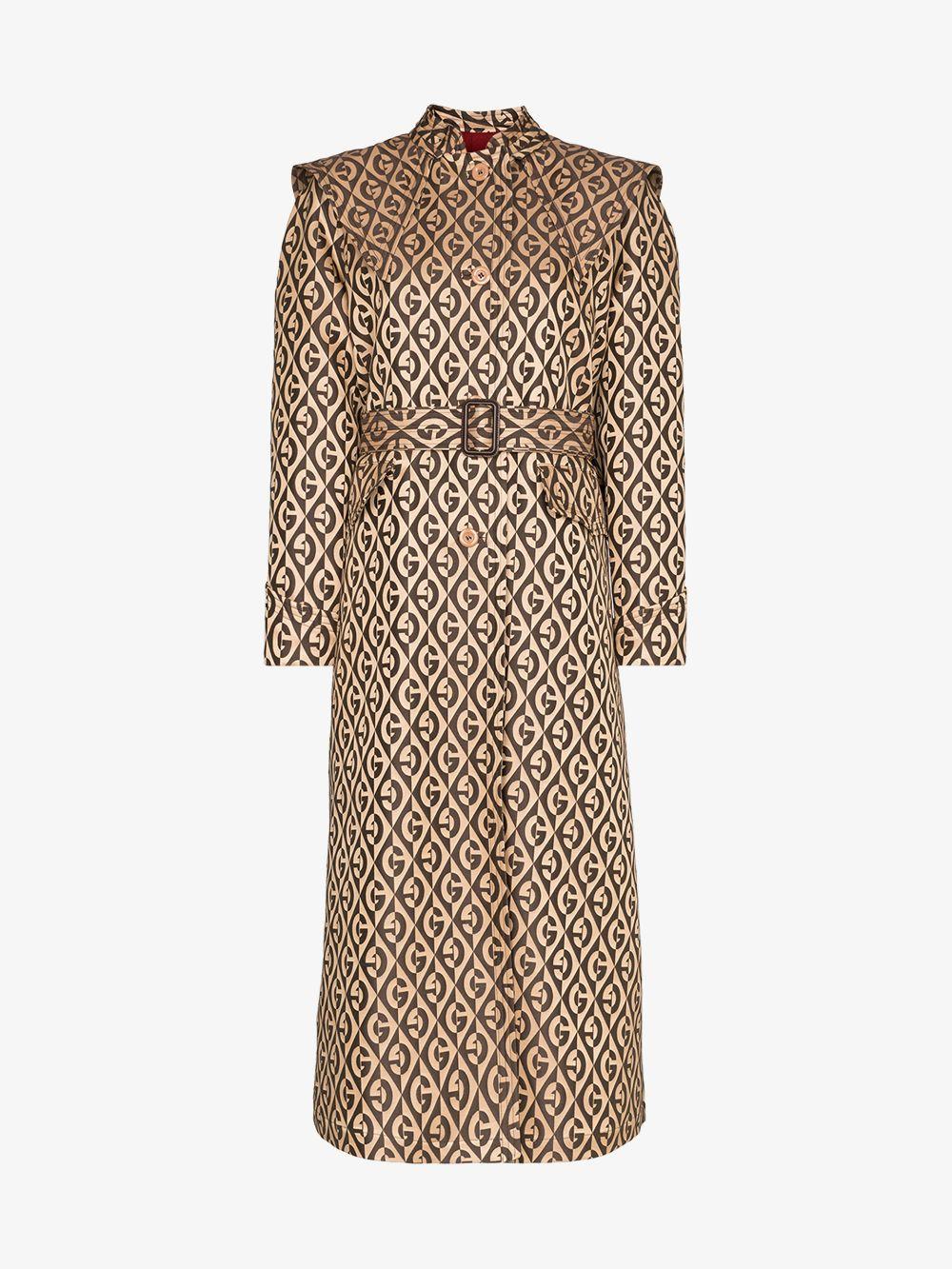 Gucci Wool Brown G Rhombus Belted Trench Coat | Lyst