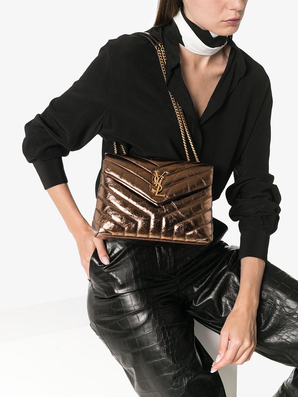 Saint Laurent Lou Quilted Metallic Cracked-leather Belt Bag In Gold