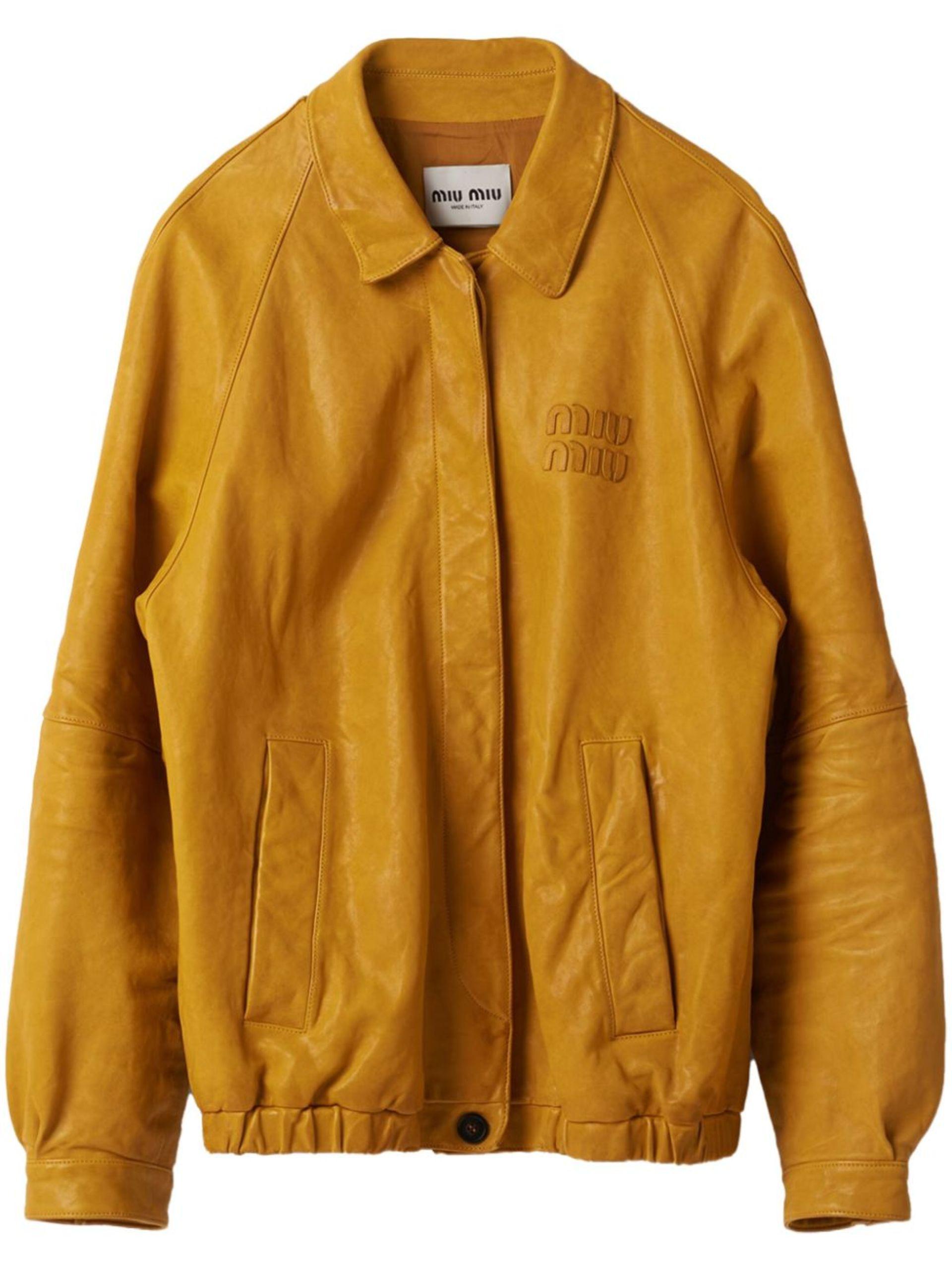 Miu Miu Logo-Appliqué Leather Jacket in Yellow | Lyst