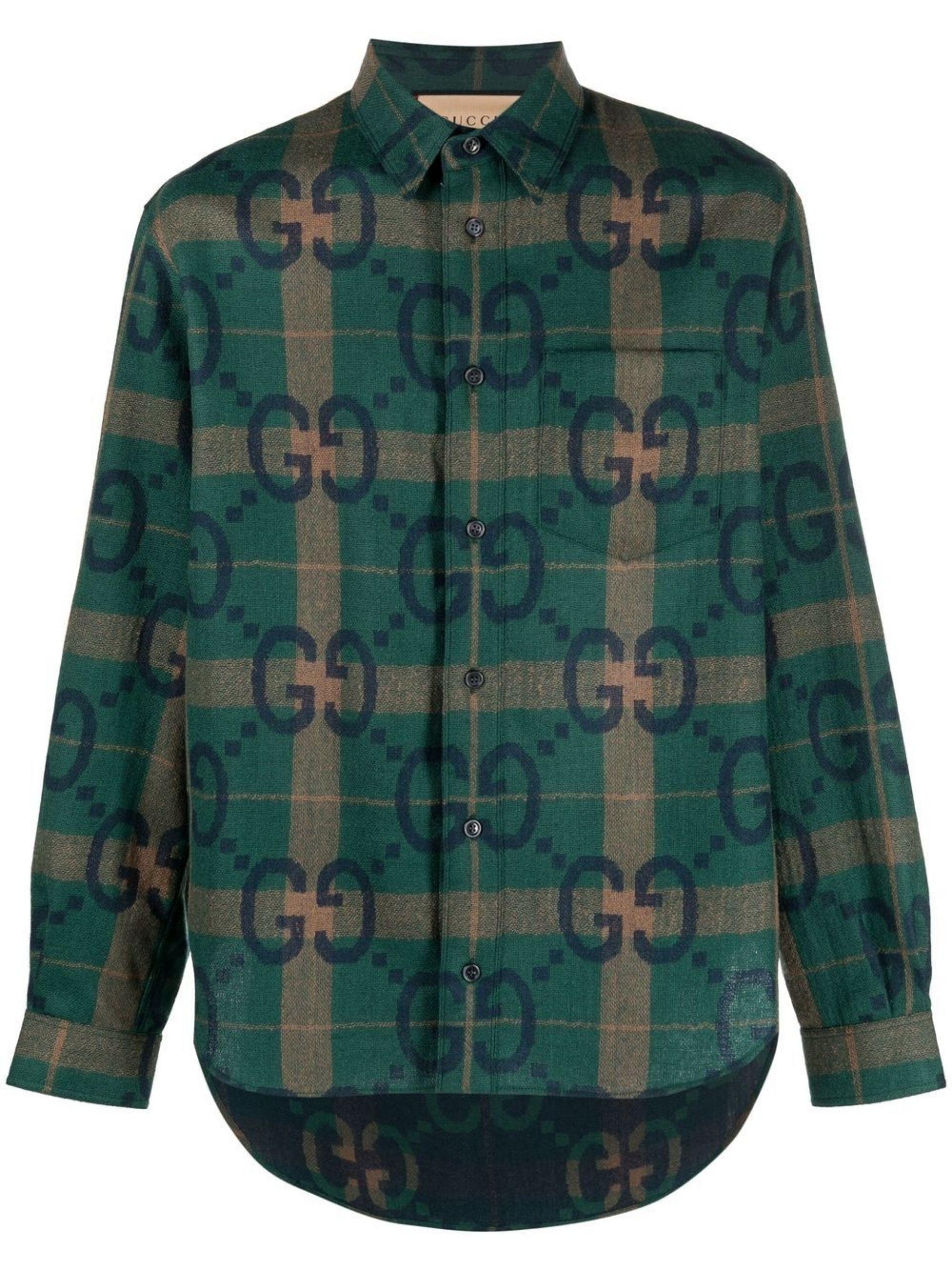 Gucci Checked Monogram-print Shirt in Green for Men