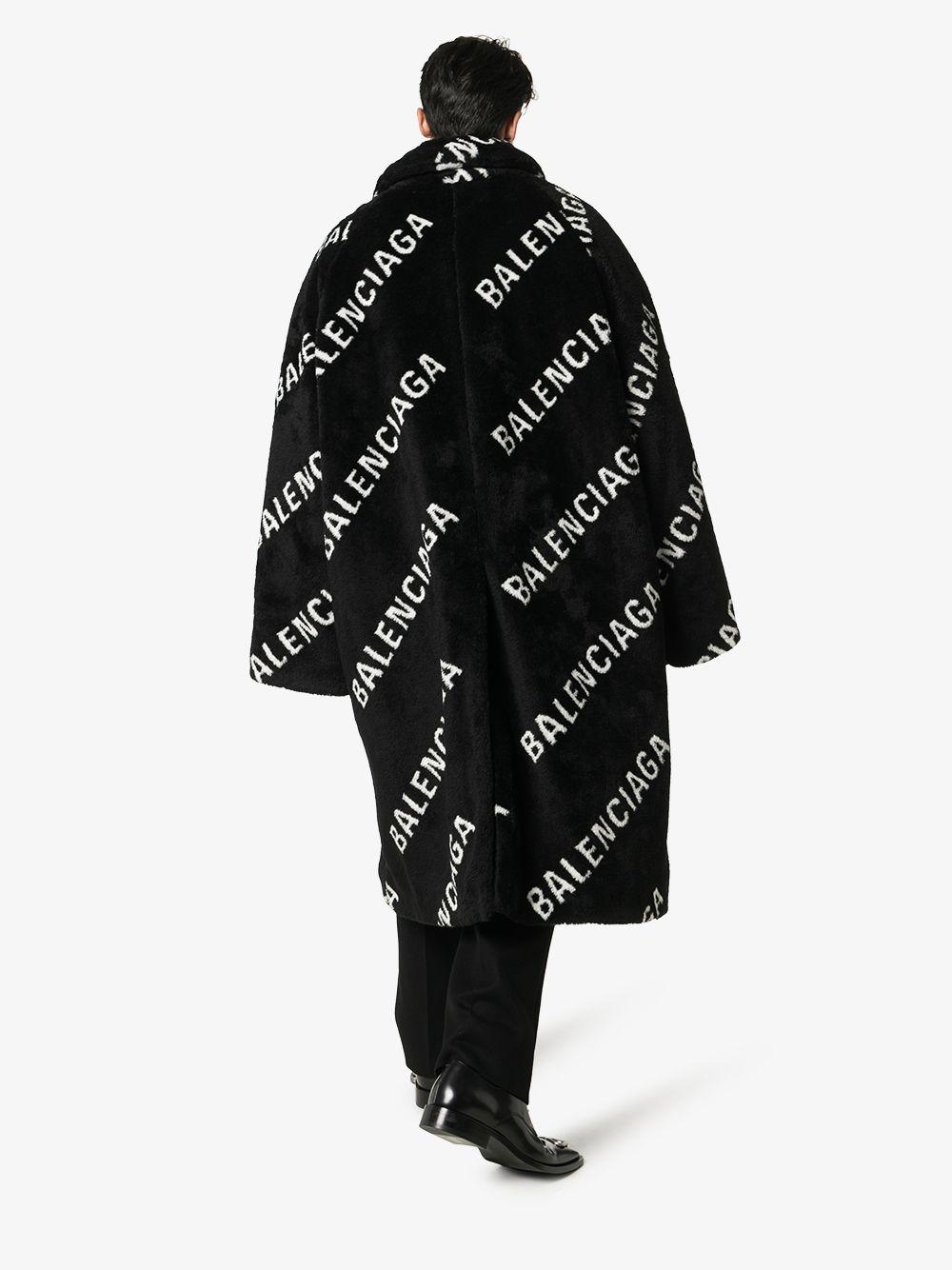 Balenciaga Oversized Logo-print Faux-fur Coat in Black for Men | Lyst