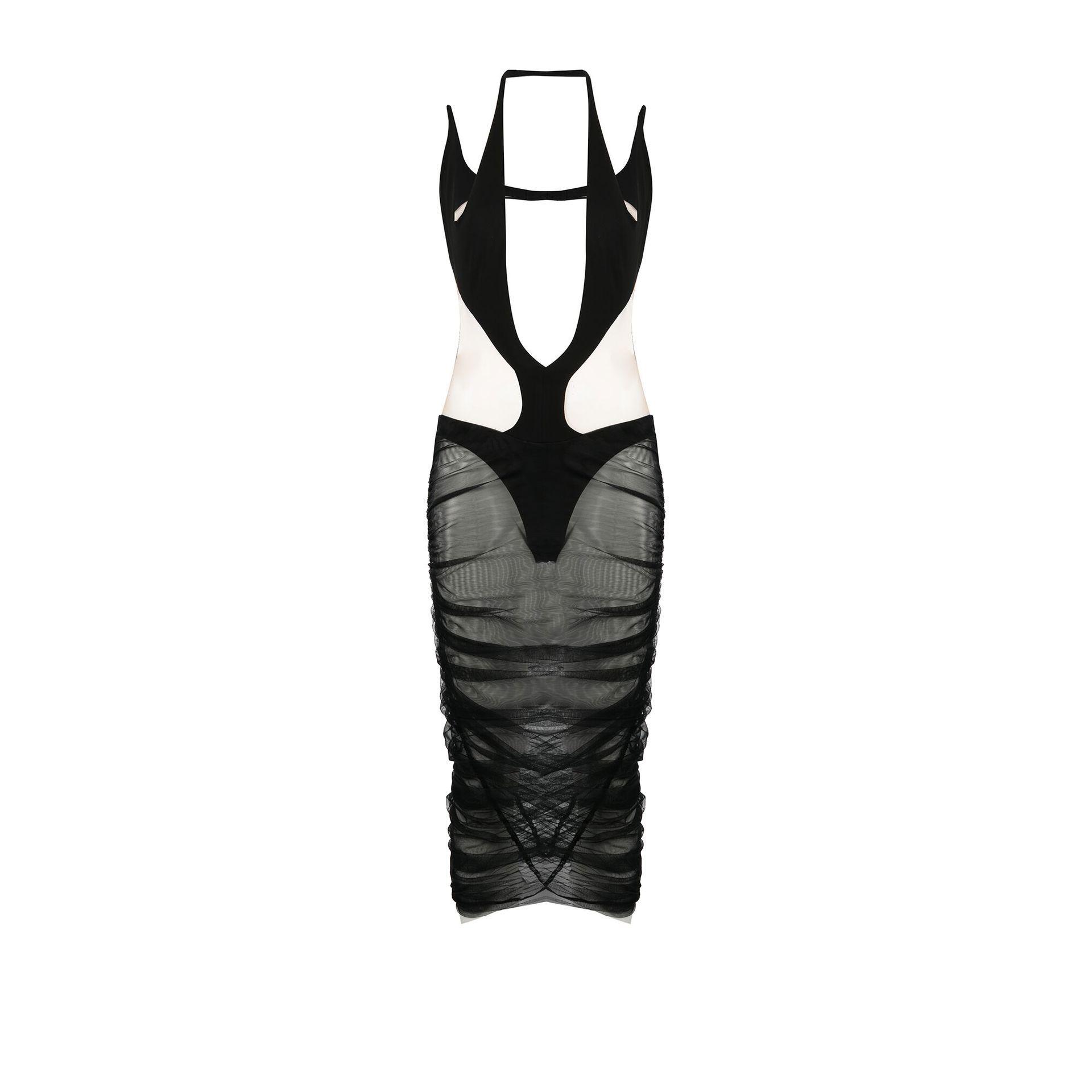 Mugler Black Sheer Panel Cotton Midi Dress | Lyst