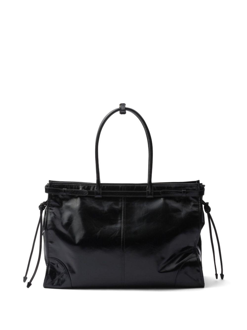 Prada triangle logo leather tote sale
