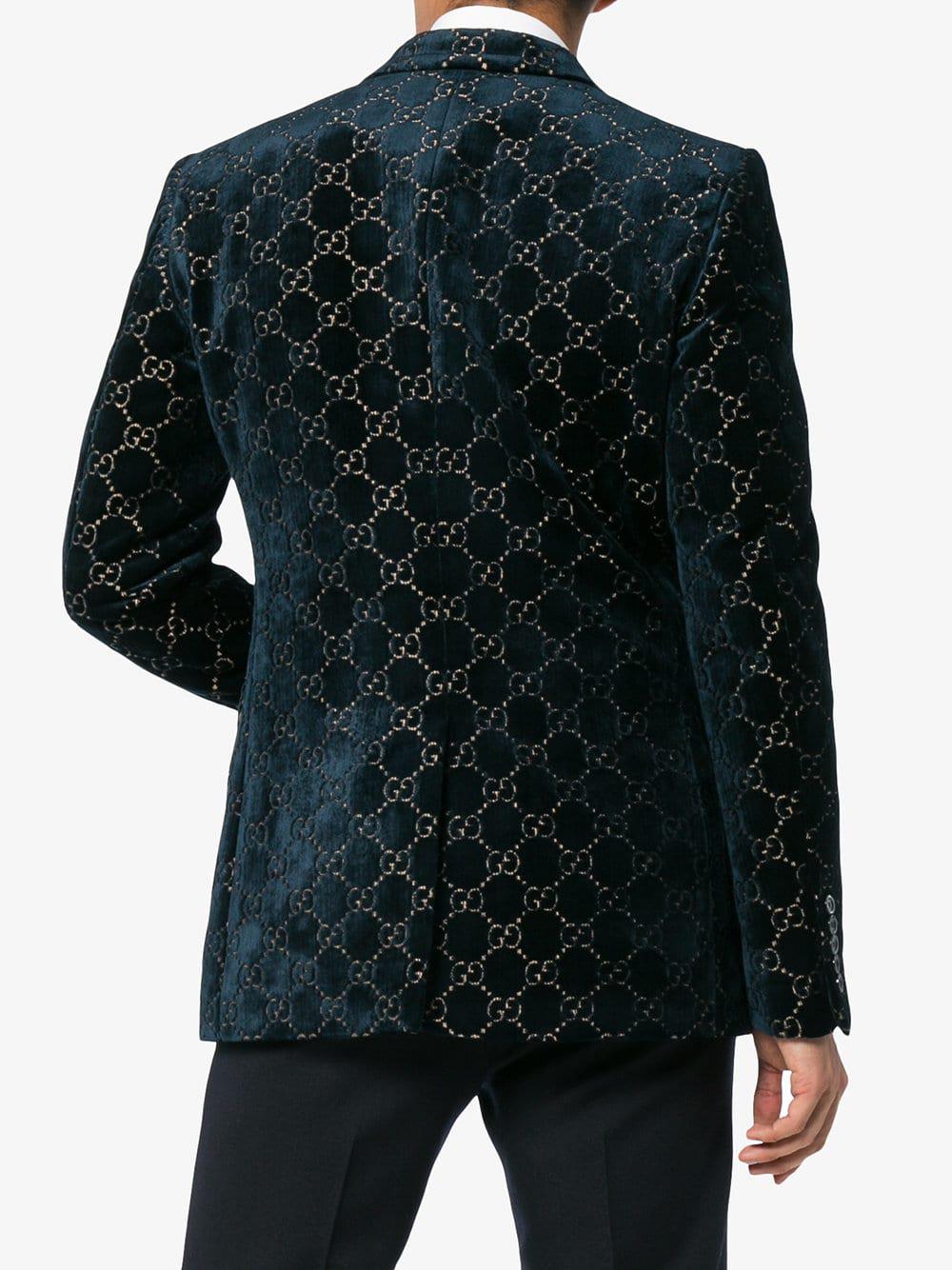 Gucci Logo Jacquard Cotton Blend Velvet Blazer in Blue for Men | Lyst