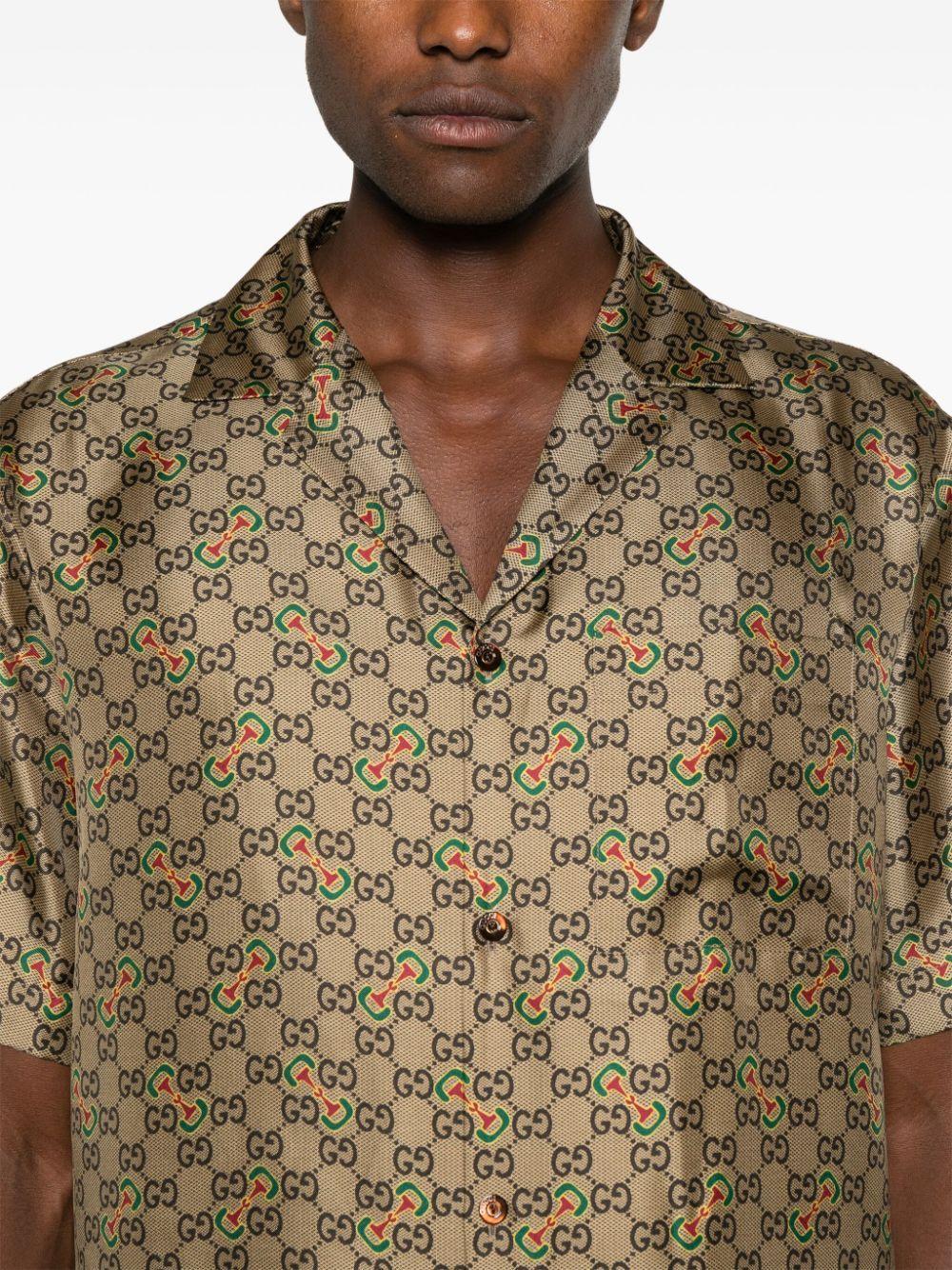【送料込】GUCCI GG ホースビット シルク ツイル シャツ 半袖 GG ホースビット プリント シルクツイル シャツキャメル