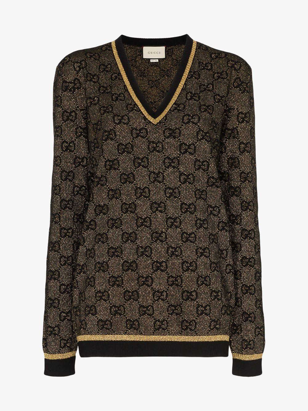 Gucci Wool V-neck Lurex Knit GG Sweater in Black | Lyst