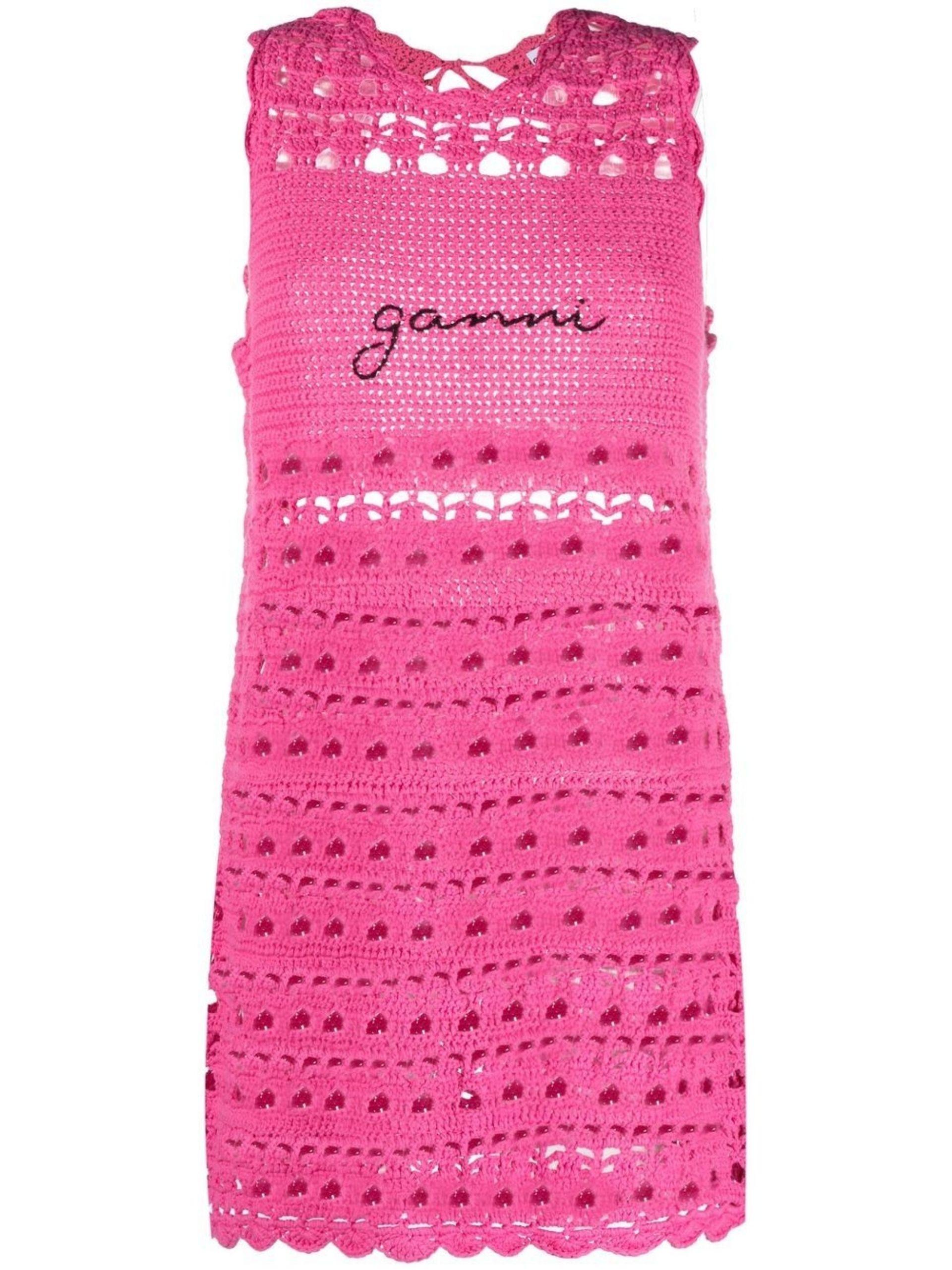 Ganni Logo-embroidered Crochet Dress in Pink | Lyst