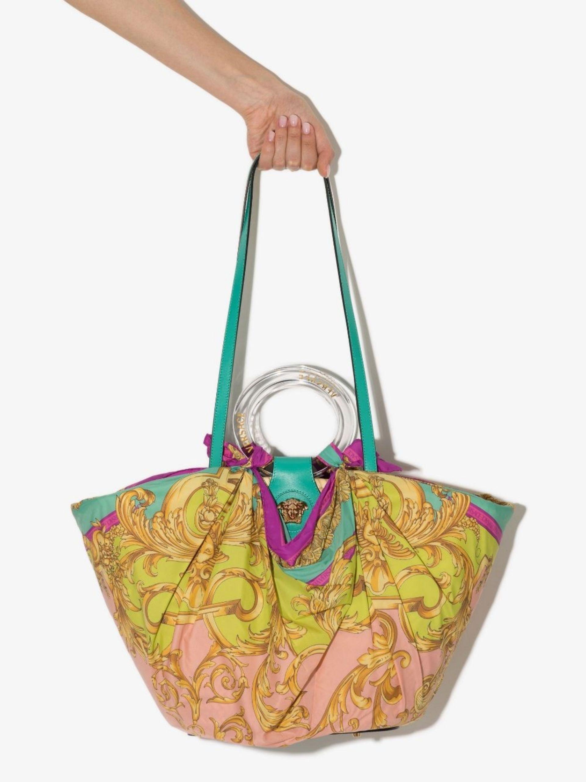 Versace Gold La Medusa Silk Scarf Raffia Tote Bag Lyst