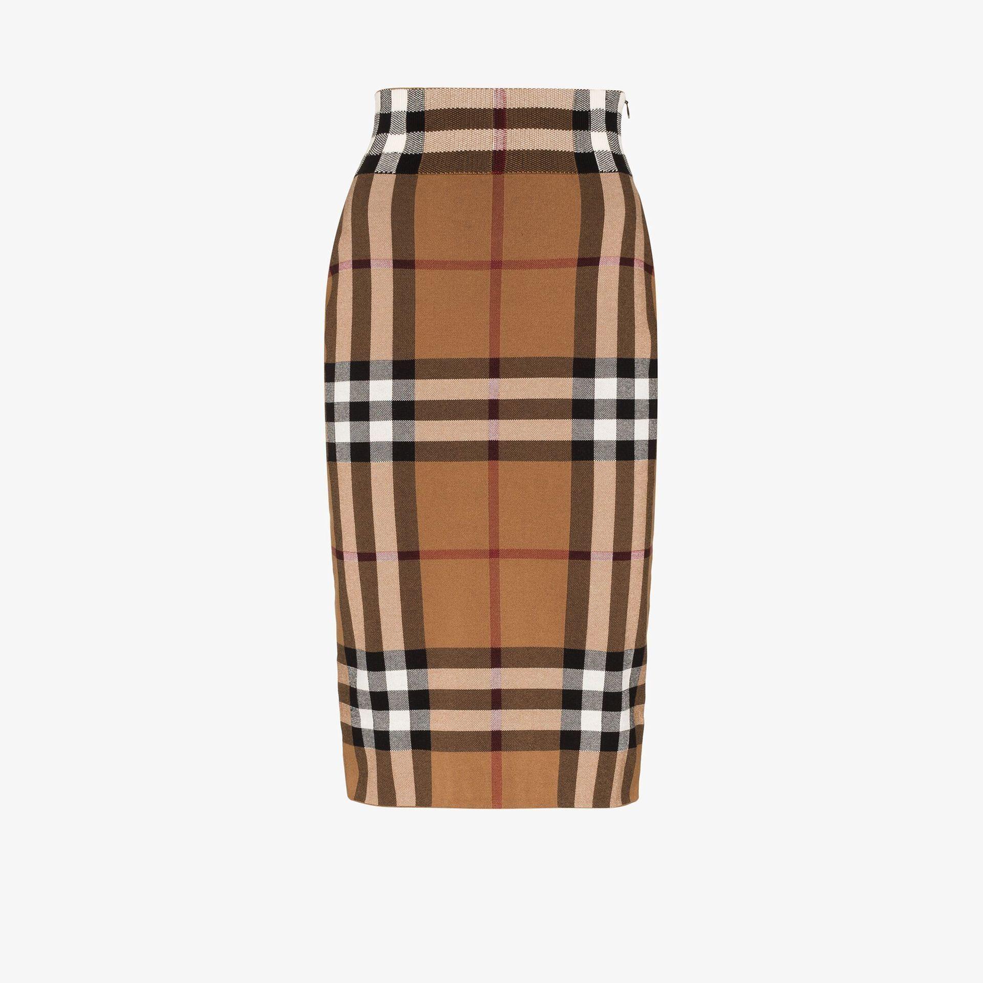 Burberry Kammie House Check Knitted Pencil Skirt in Brown Womens Clothing Skirts Mid-length skirts 