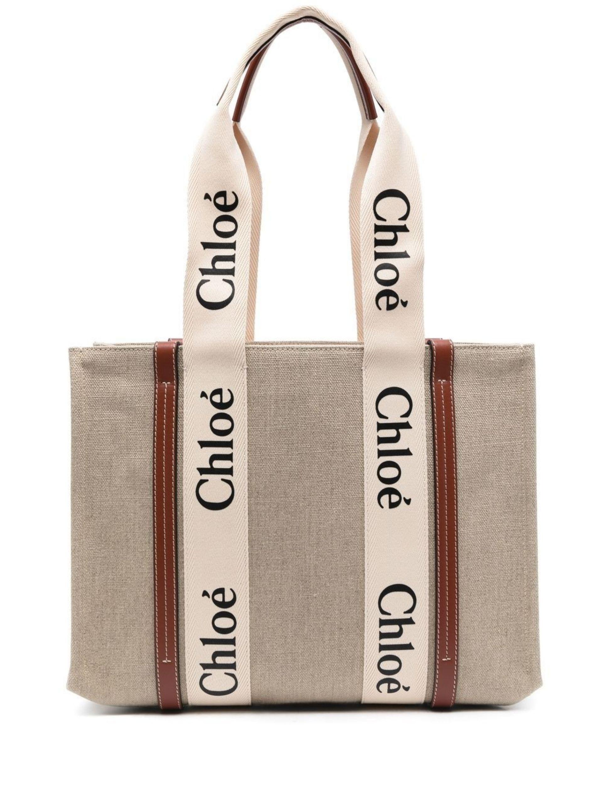 Chloé Neutral Woody Medium Canvas Tote Bag - Women's - Linen/flax/calf ...