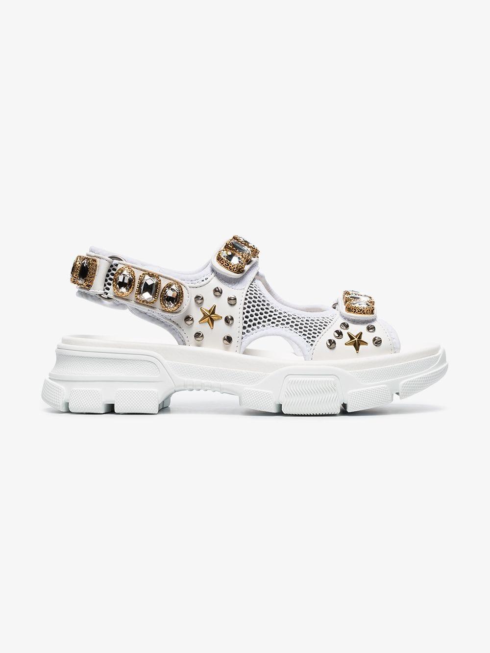 leather and mesh sandal with crystals