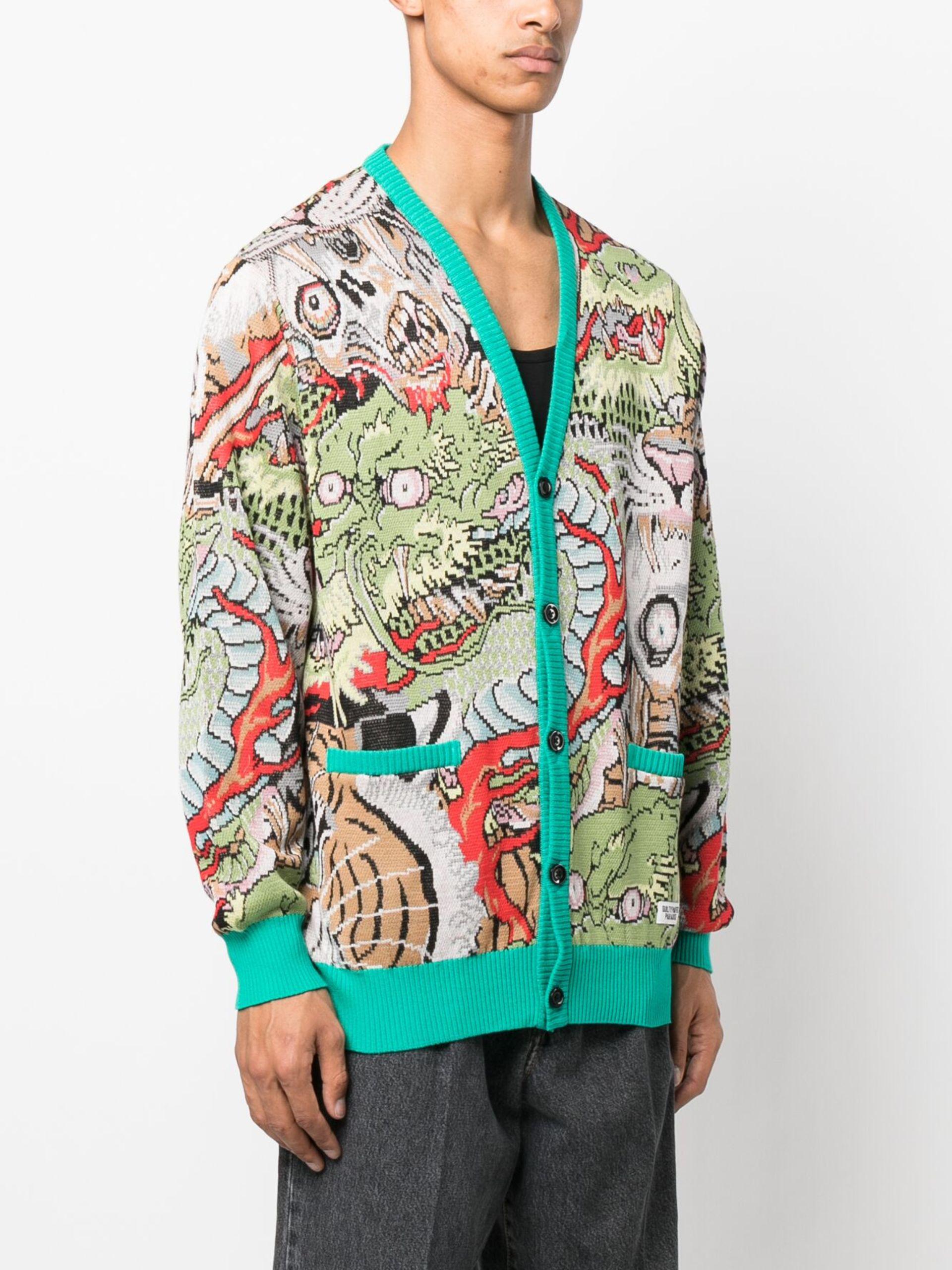 Wacko Maria X Tim Lehi Graphic Jacquard Cardigan in Green for Men