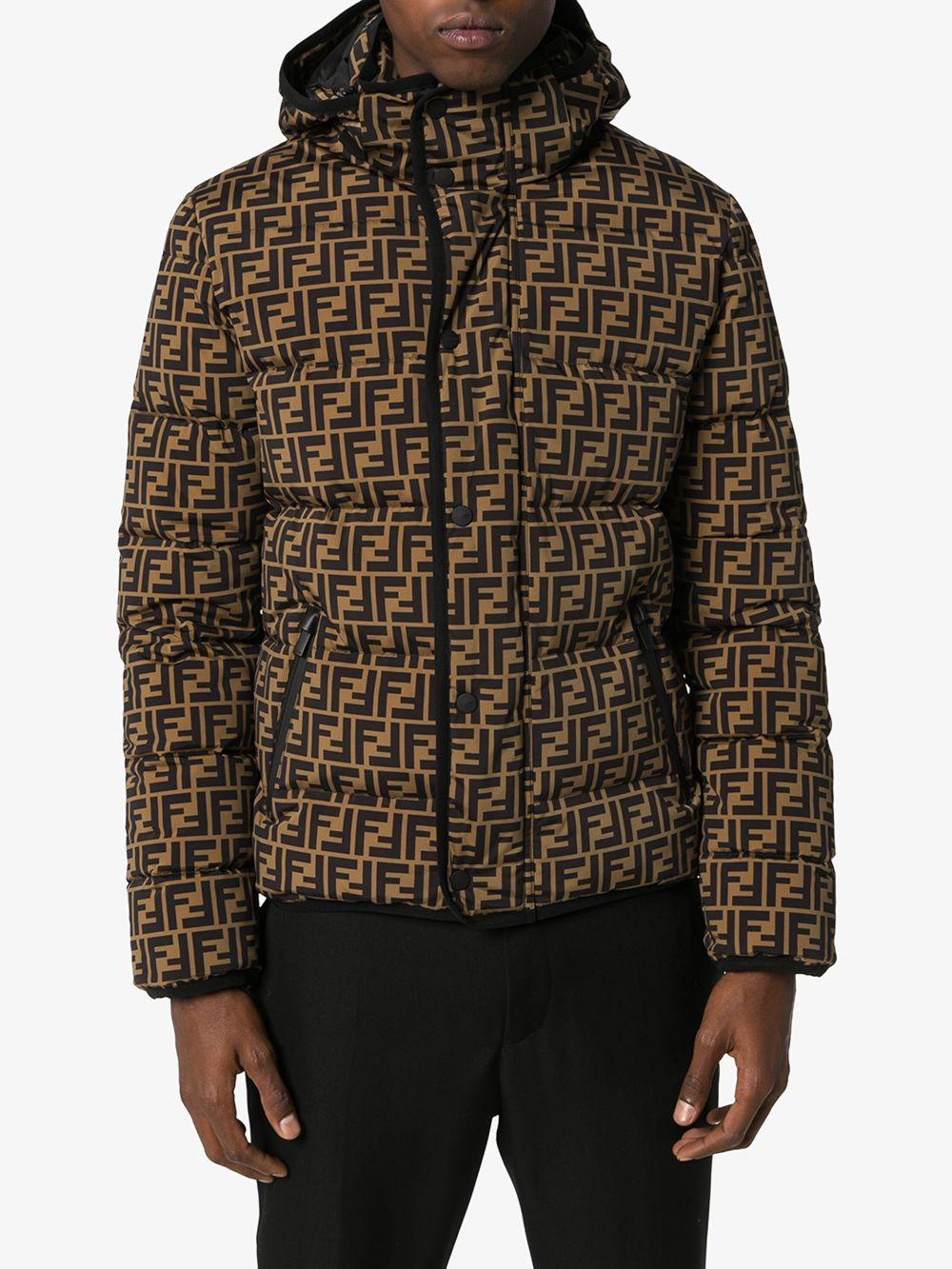 Fendi Ff Logo Print Puffer Jacket in Brown for Men | Lyst