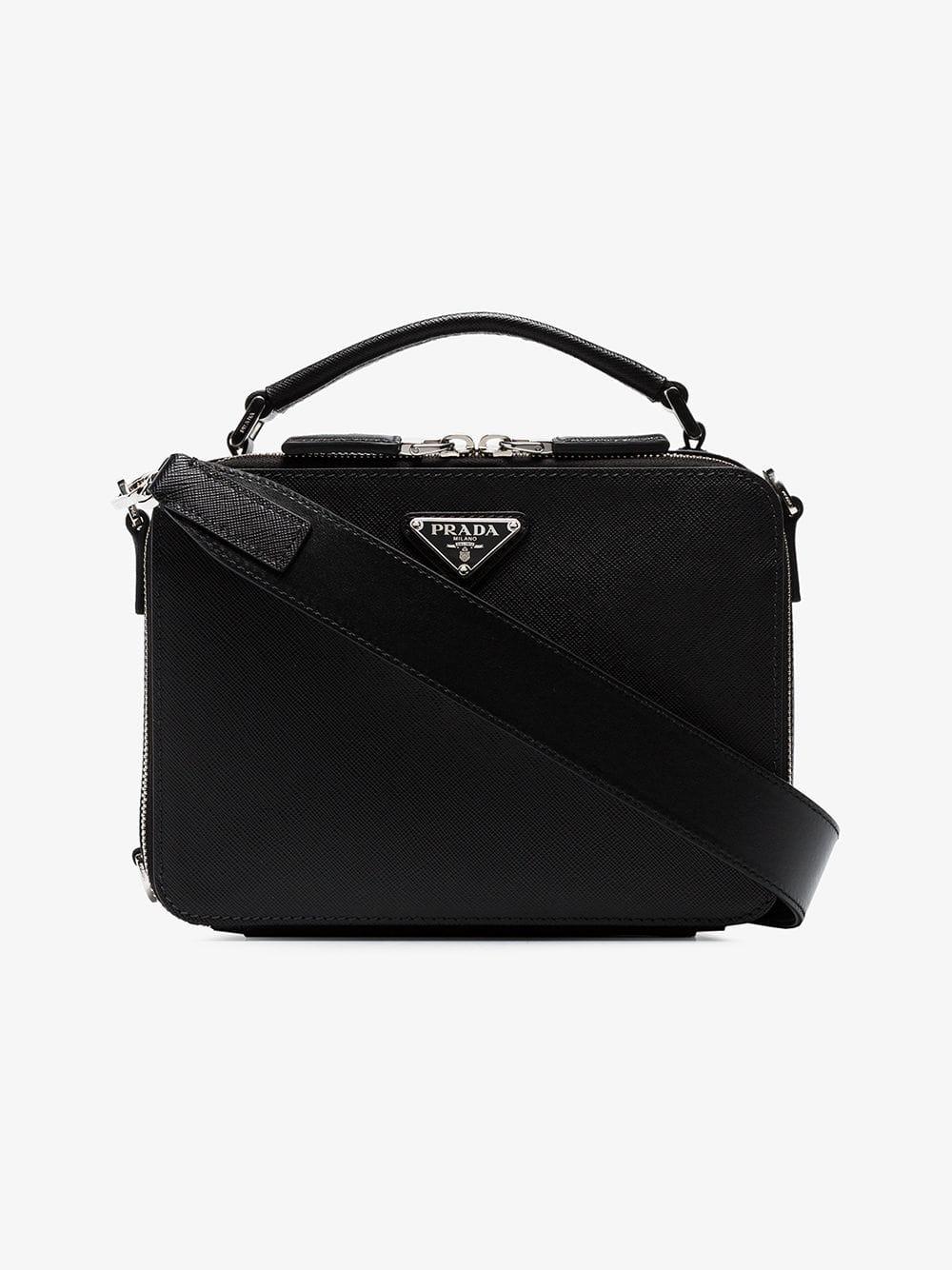 Prada Brique Bag w/Canvas Strap - Black Saffiano Leather