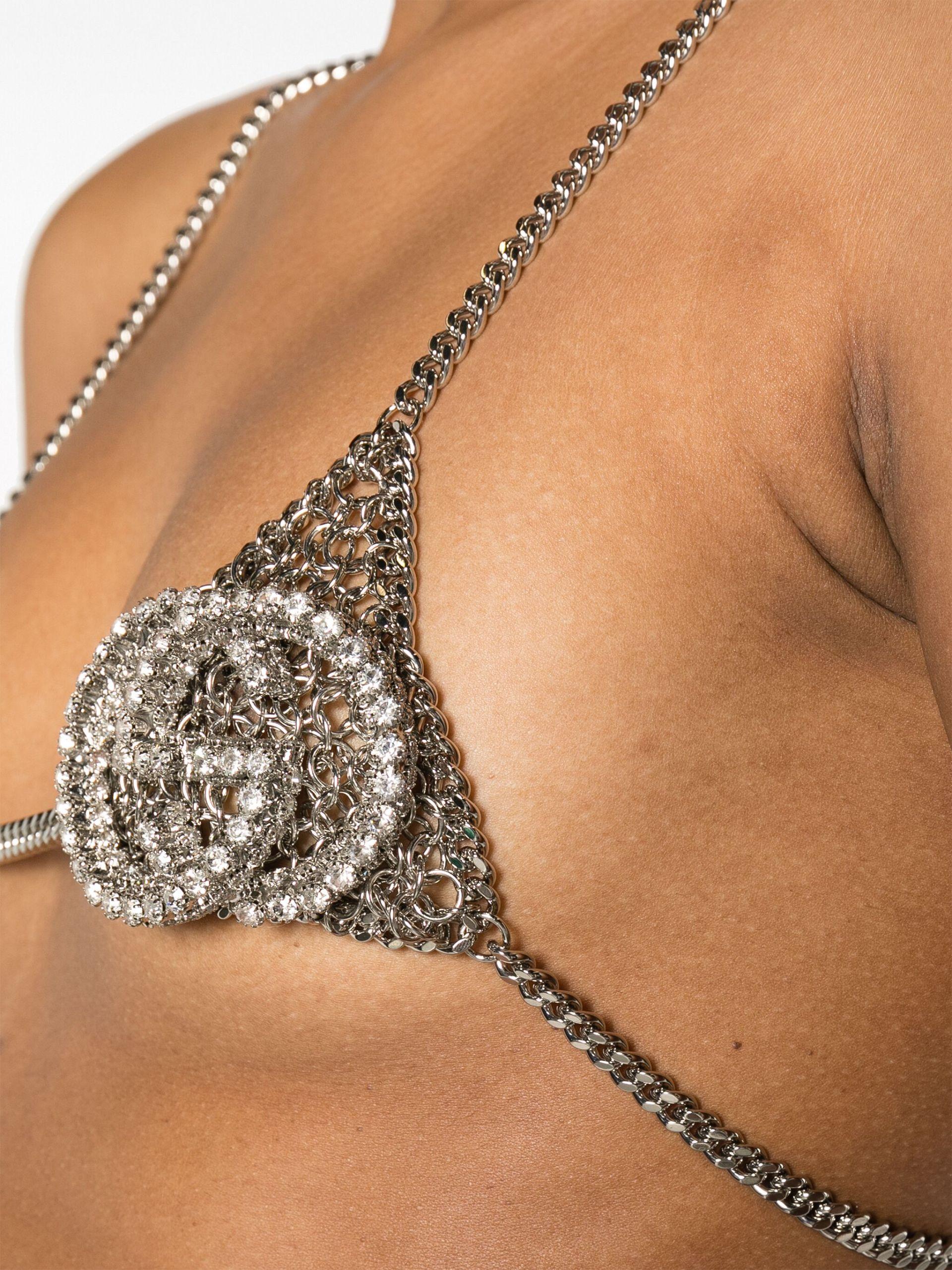 Gucci Interlocking G Embellished Chain Bra in Metallic