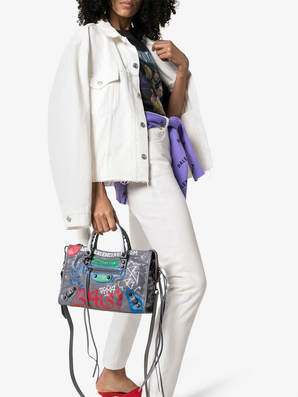 Balenciaga Grey City Small Graffiti print Leather Tote Bag in Grey