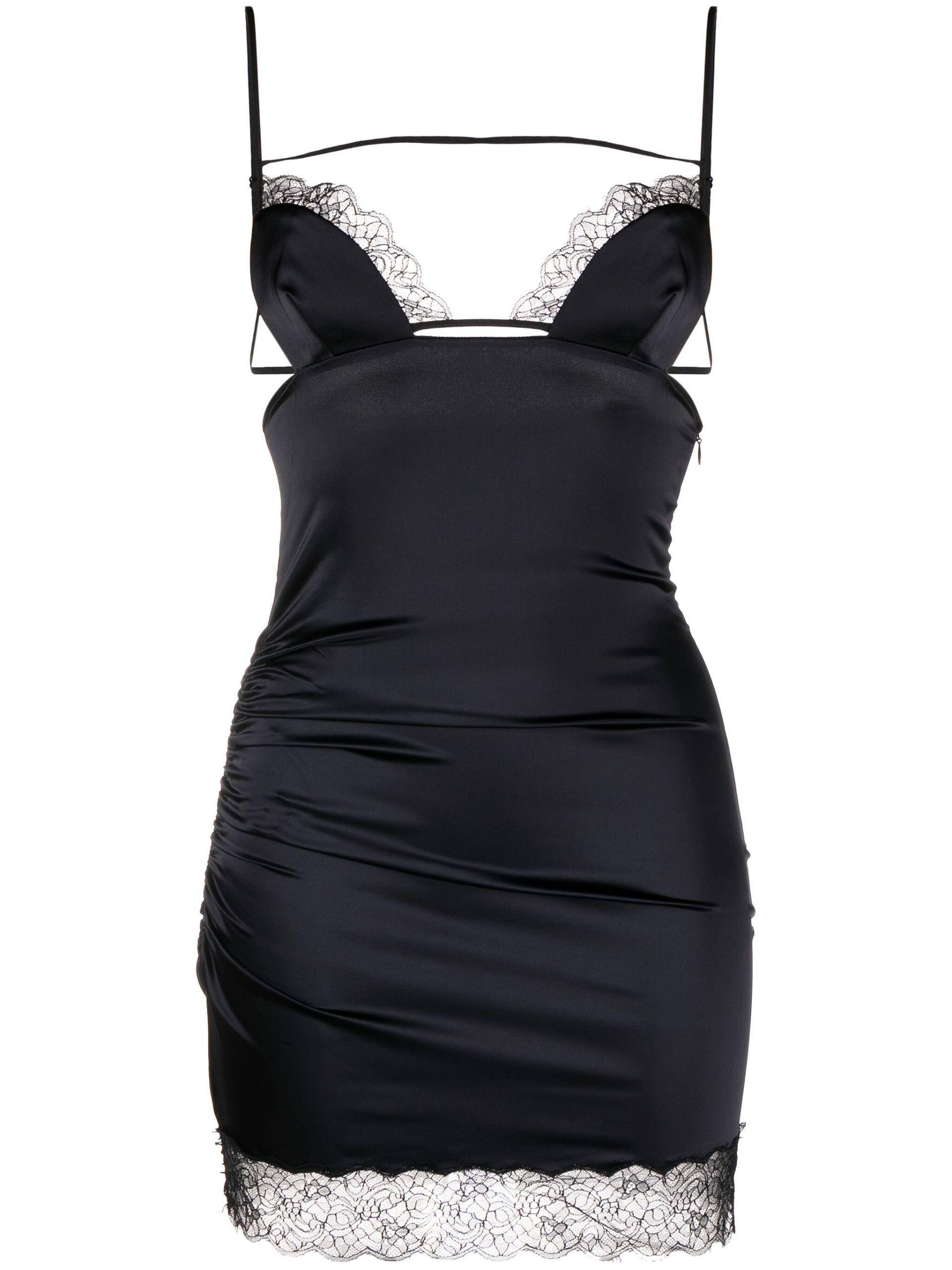 Black Lace Trim Satin Mini Dress