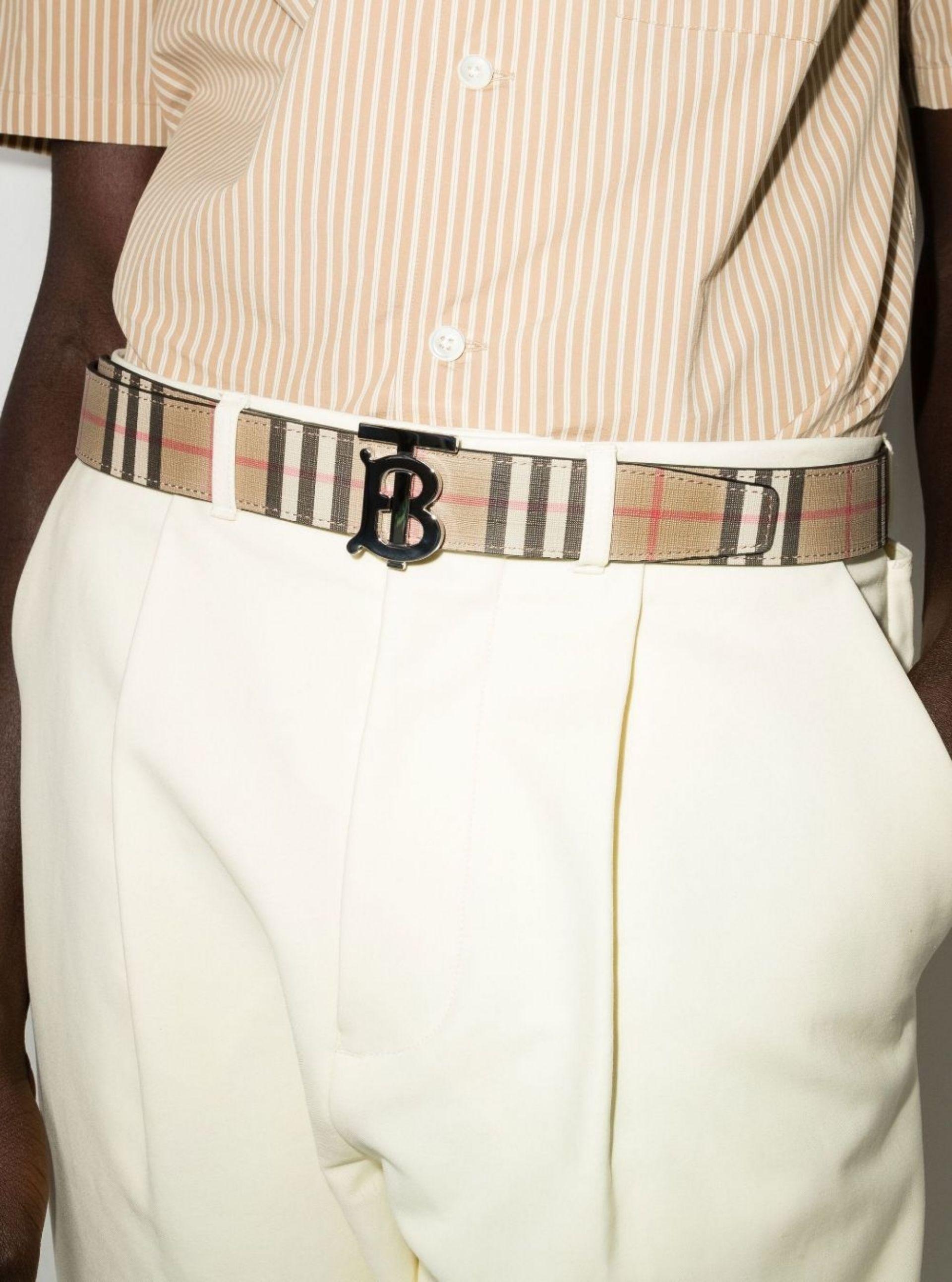 Check and Leather Belt in Archive Beige - Men | Burberry® Official