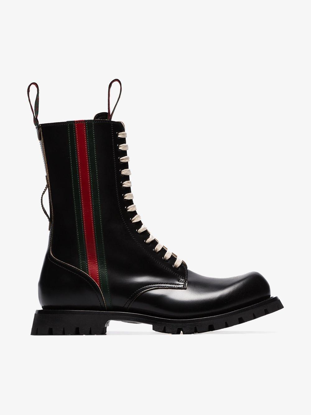 Gucci Black Web Stripe Leather Boots for Men | Lyst