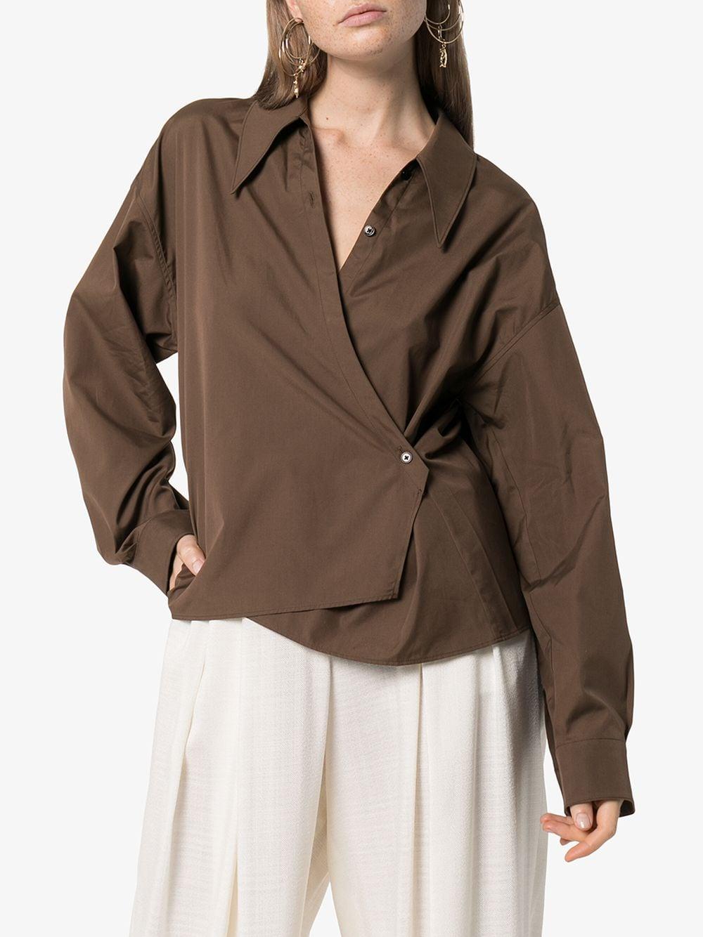 Lemaire Cotton Wrap Front Shirt in Brown Lyst