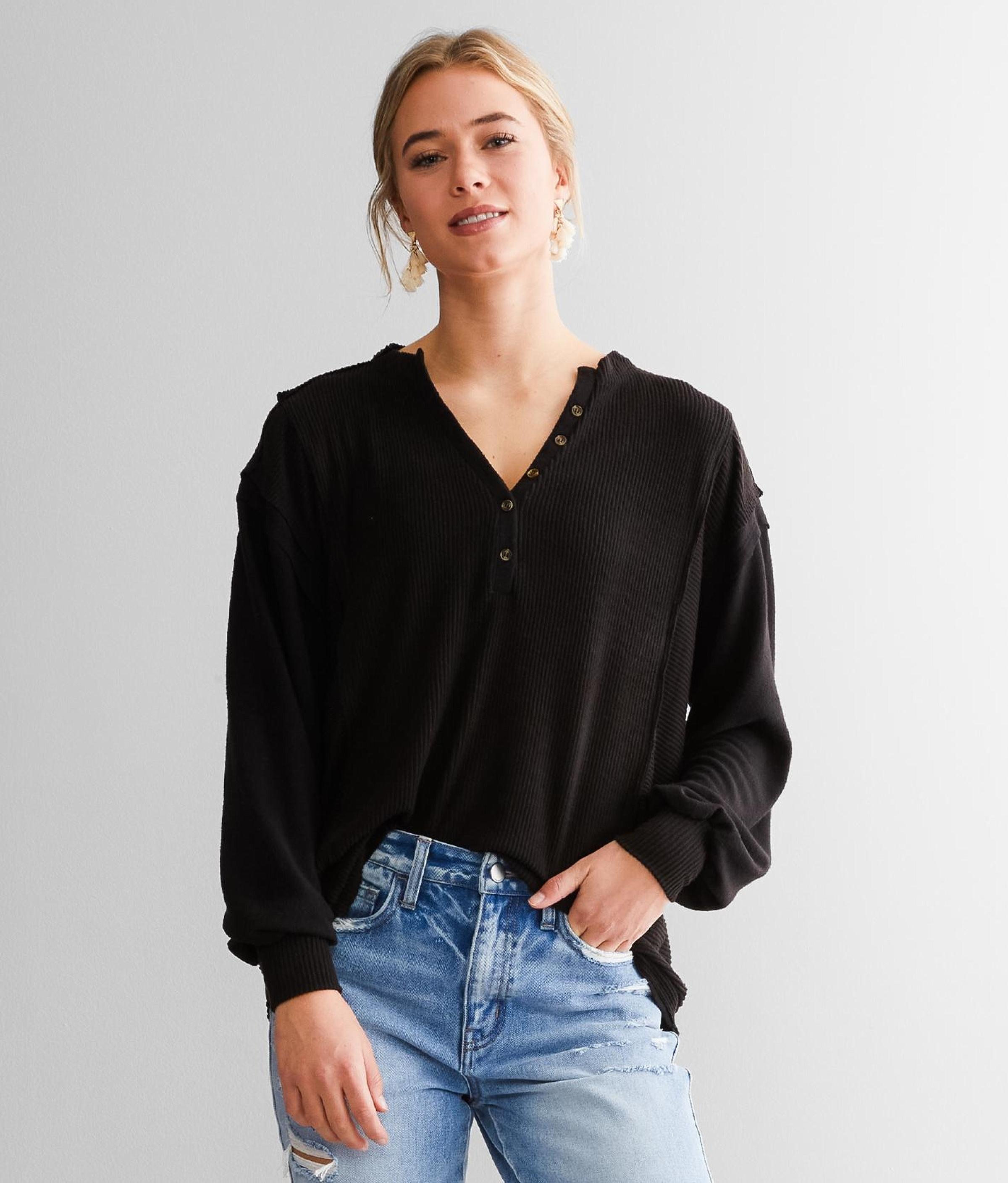 BKE Ribbed Knit Henley in Black Lyst