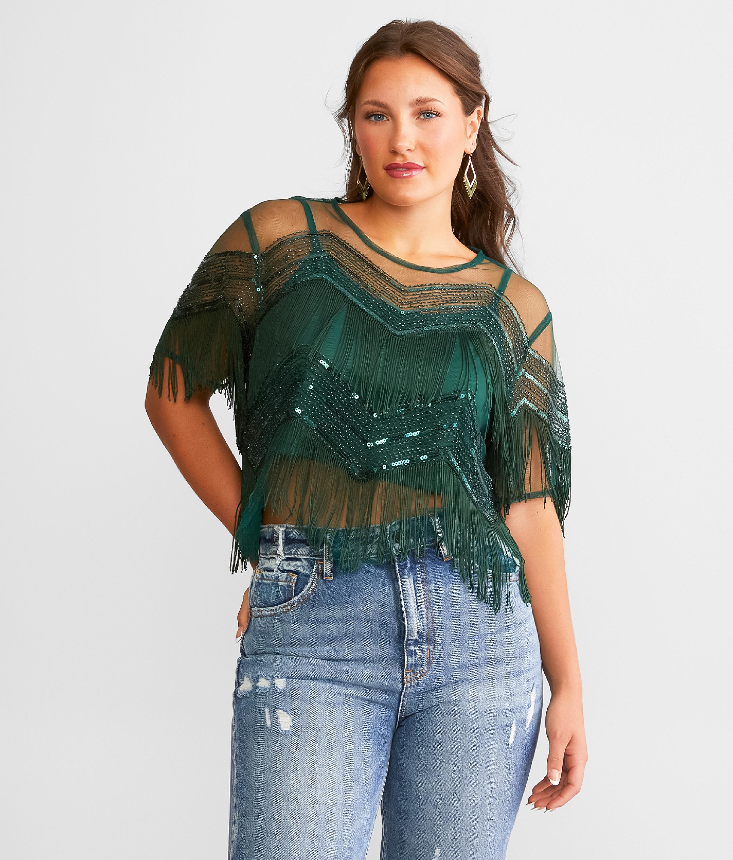 Miss Me Embellished Mesh Cropped Top in Green